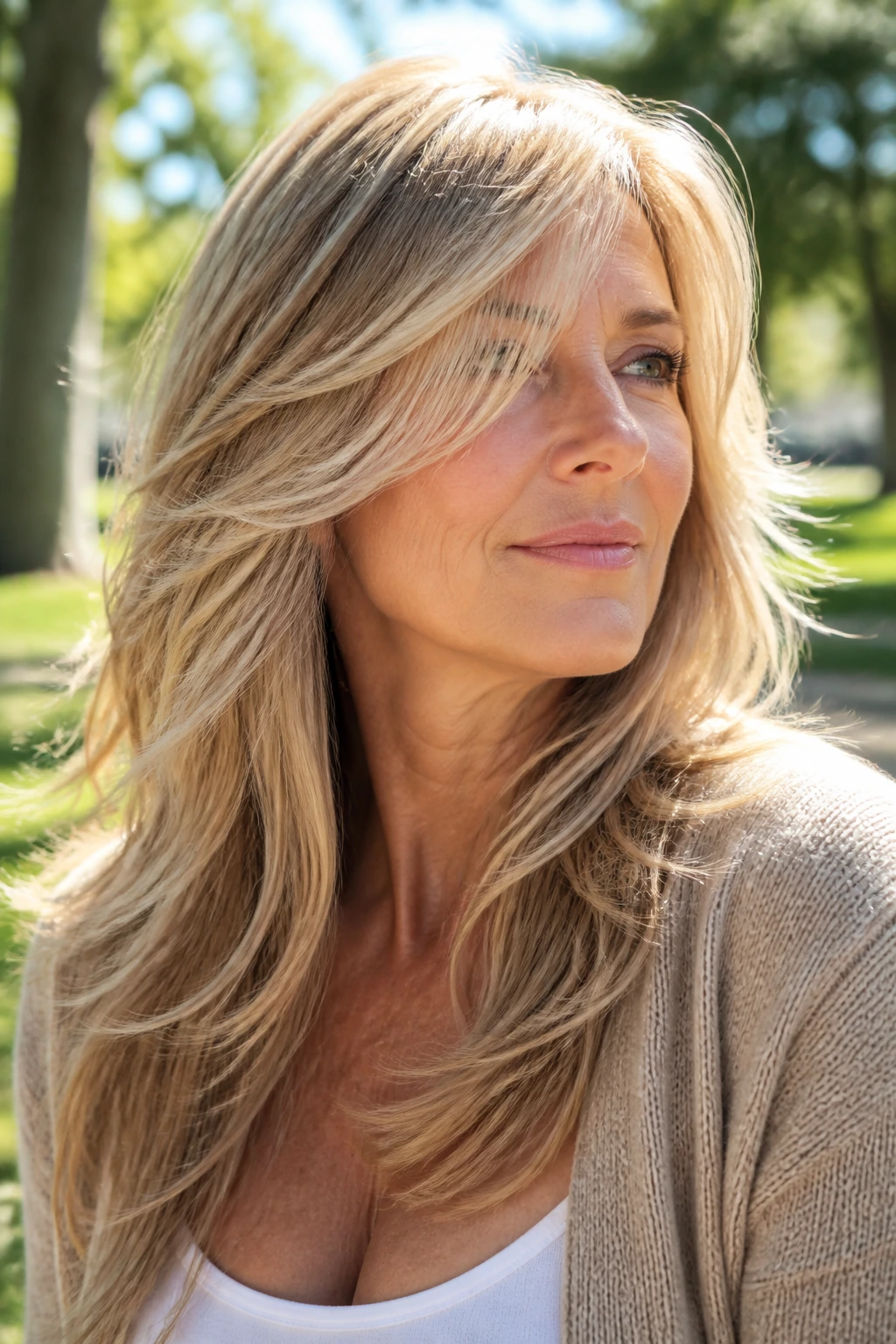 Real woman with sunlit feathered layers hairstyle outdoors