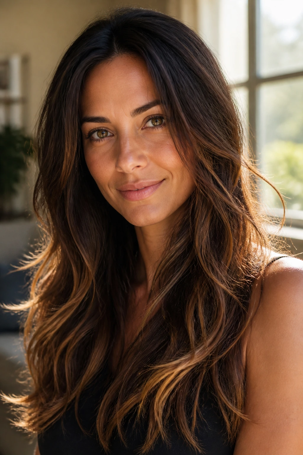 Close-up of a real woman with gold-tipped brunette hair catching light in a sunlit room