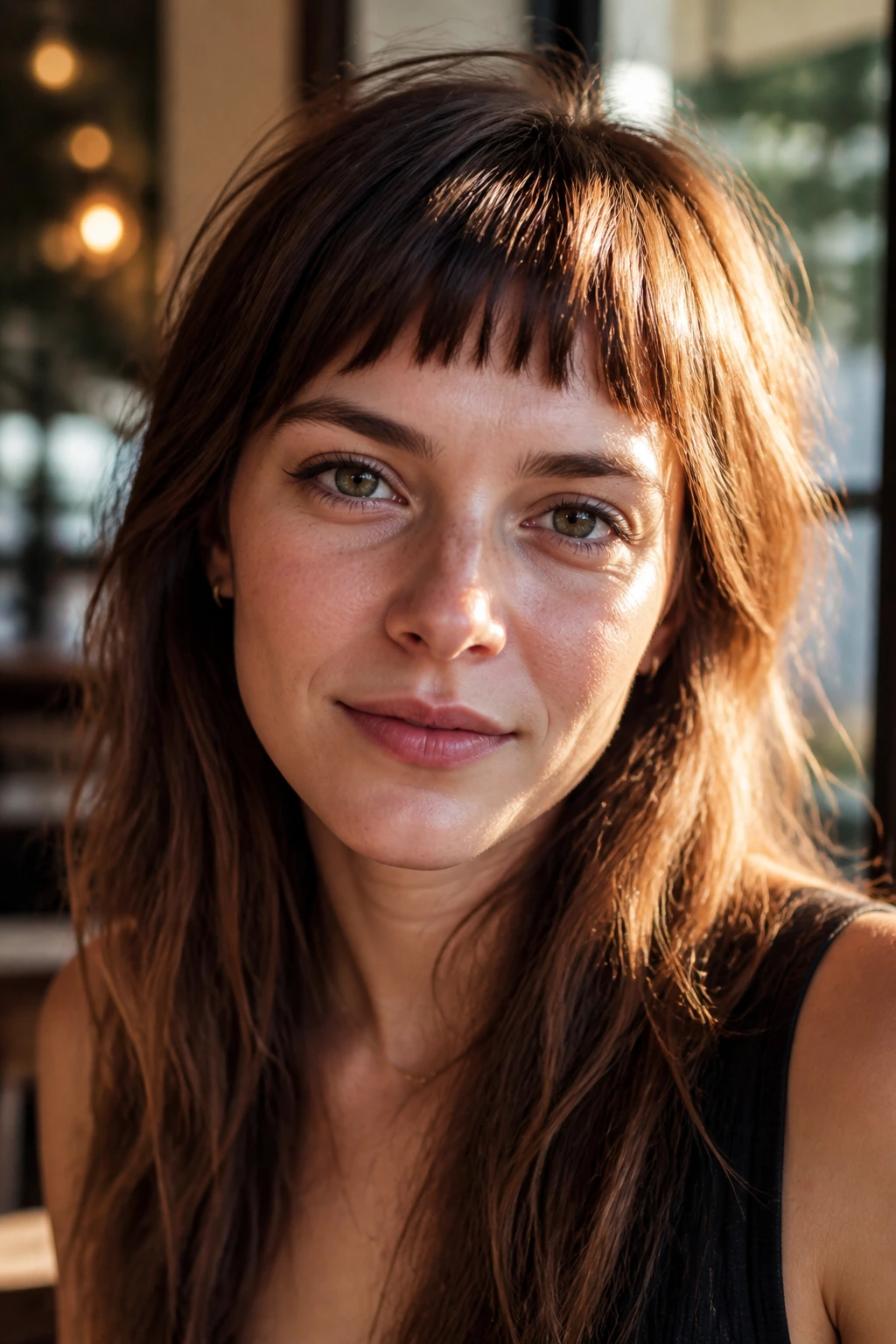 Close-up of a real woman with sunlit highlighted choppy bangs in natural outdoor light