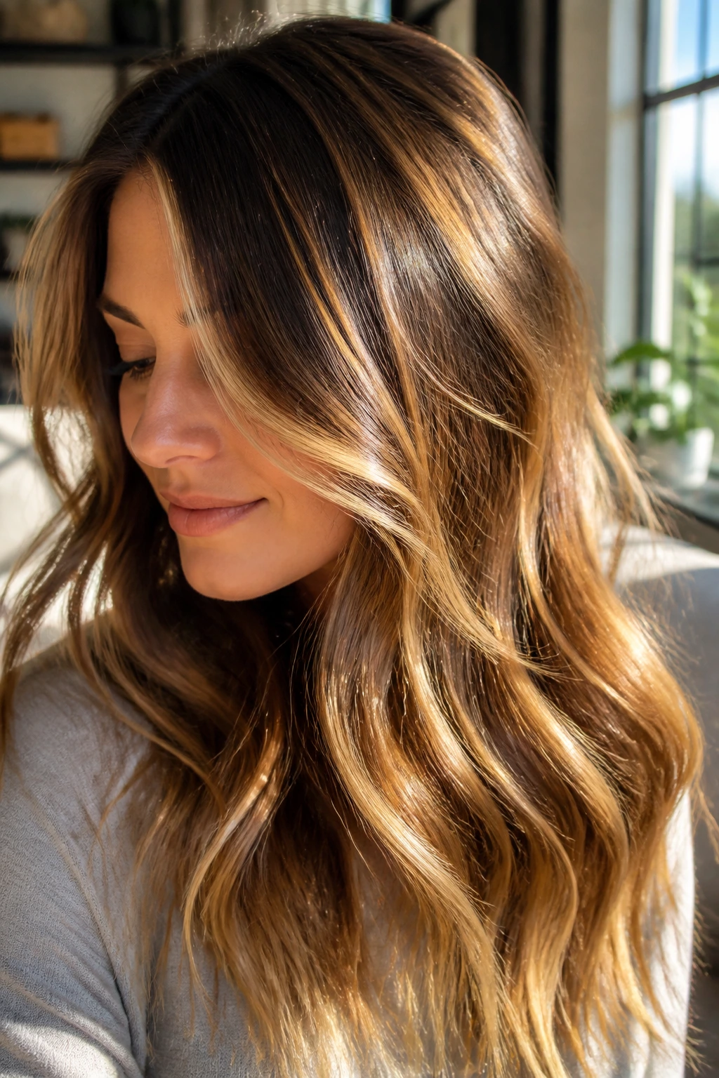 Close-up of honey balayage on brunette hair in warm window light