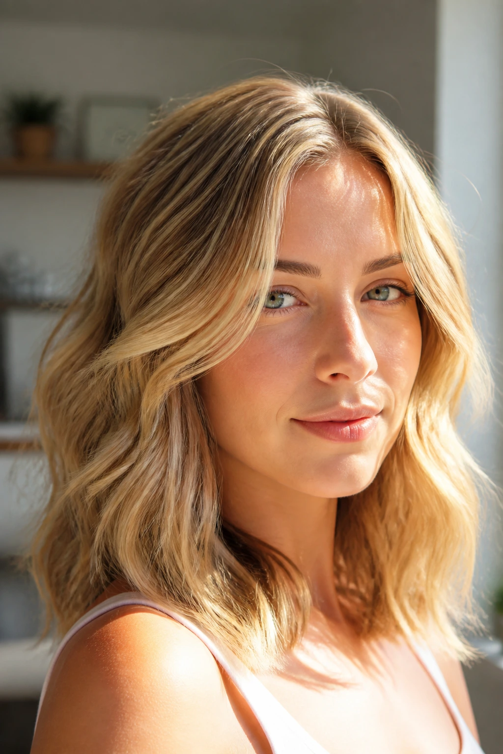 Portrait of a woman with sunlit honey blonde waves in natural daylight