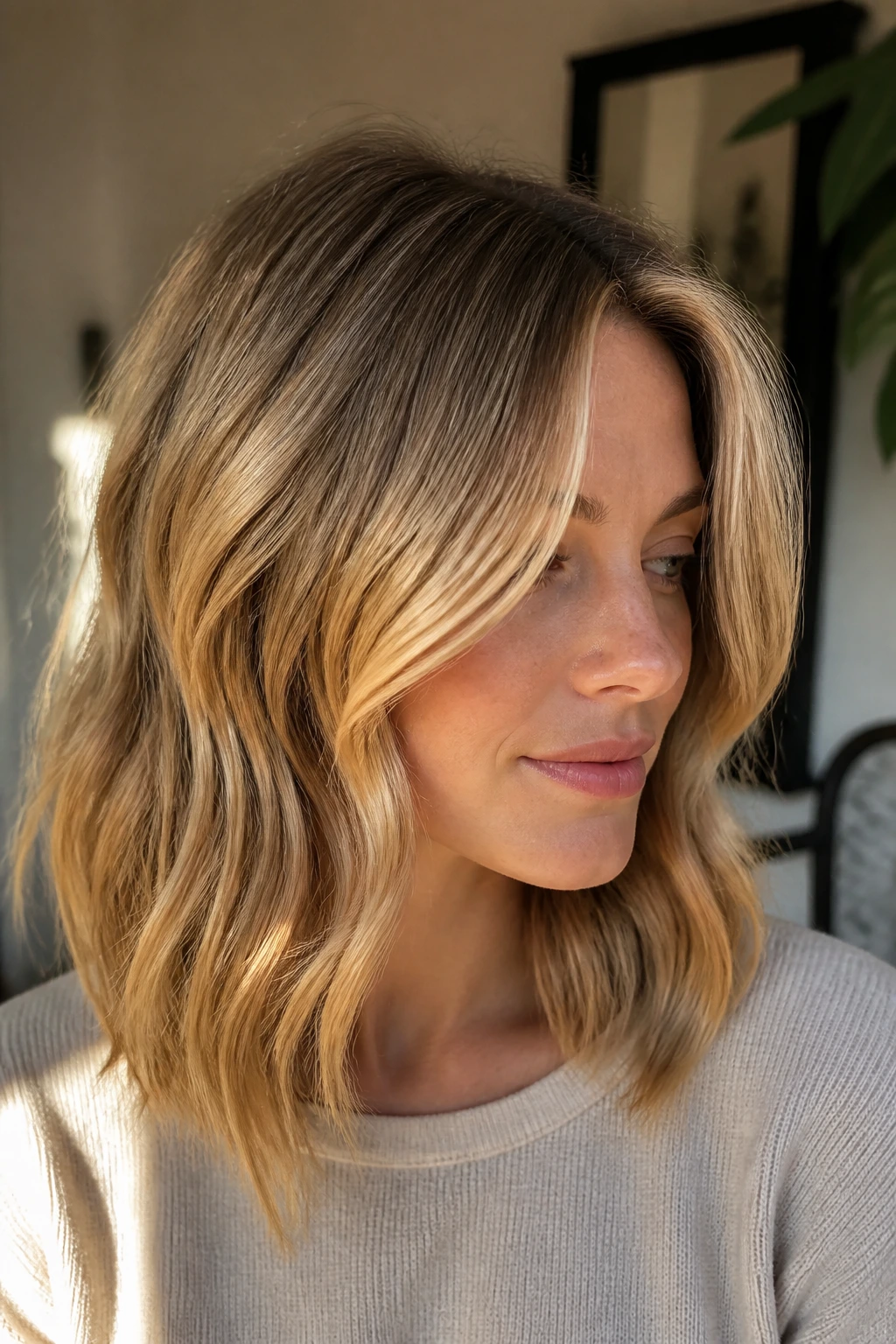 Close-up of a woman with sunlit honey blonde hair and soft root shadow in warm window light
