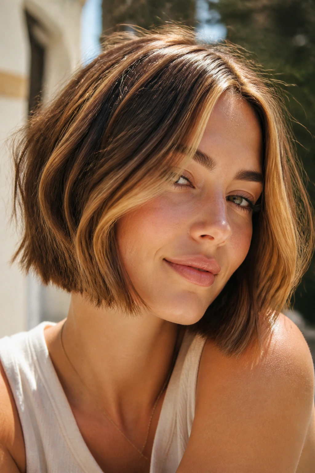Portrait of a real woman with sunlit honey bob balayage