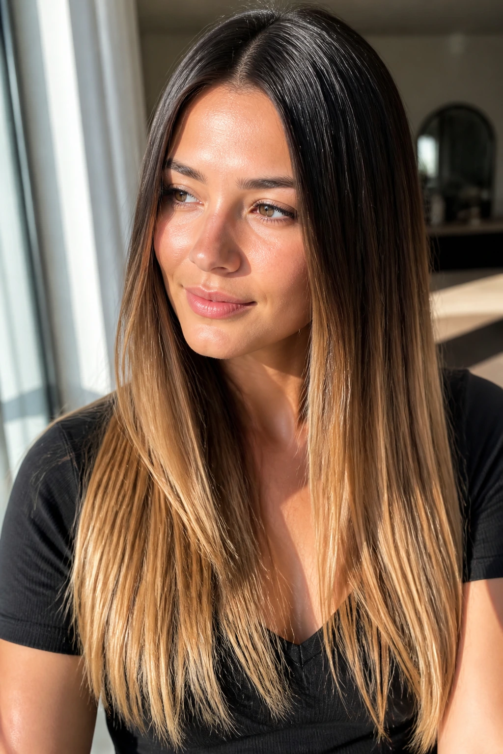 Close-up portrait showing sunlit honey ends on straight hair.