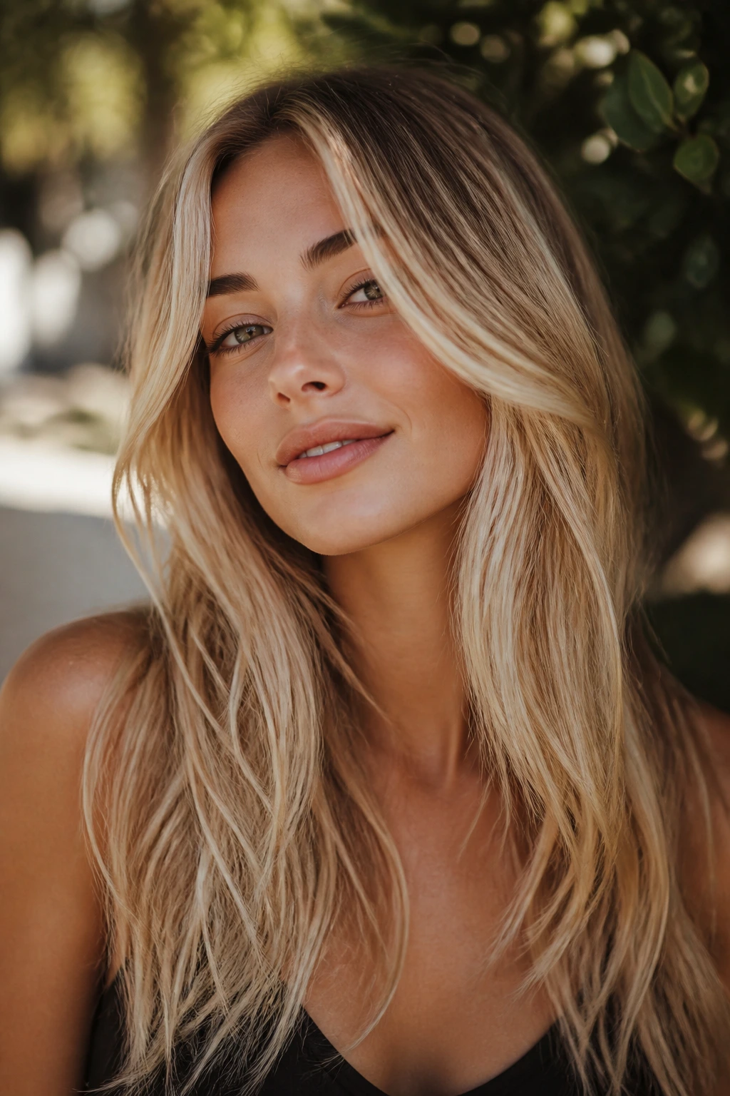 Real woman with sunlit long layers and money pieces