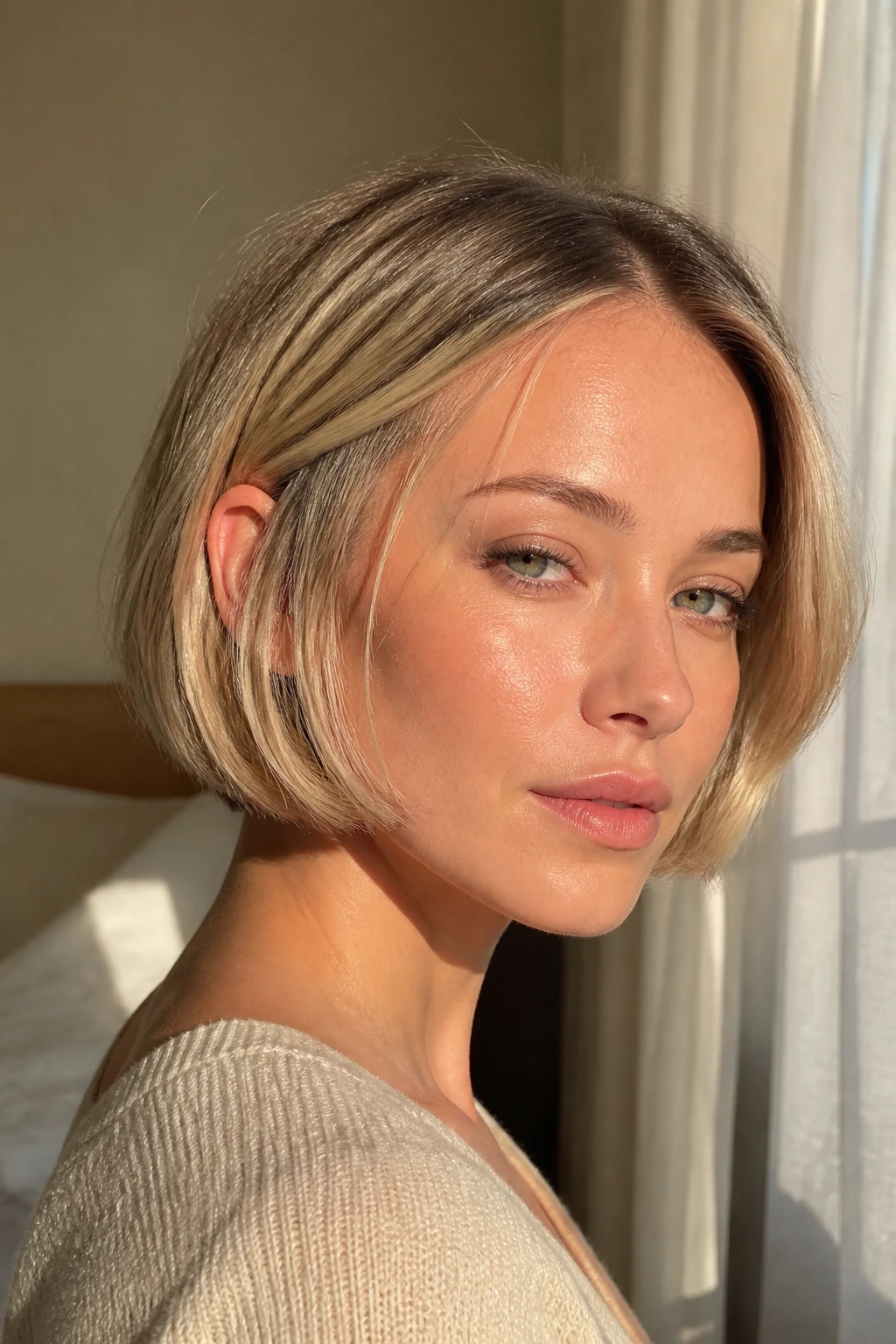 Close-up portrait of a real woman with a sunlit micro bob and subtle babylights.