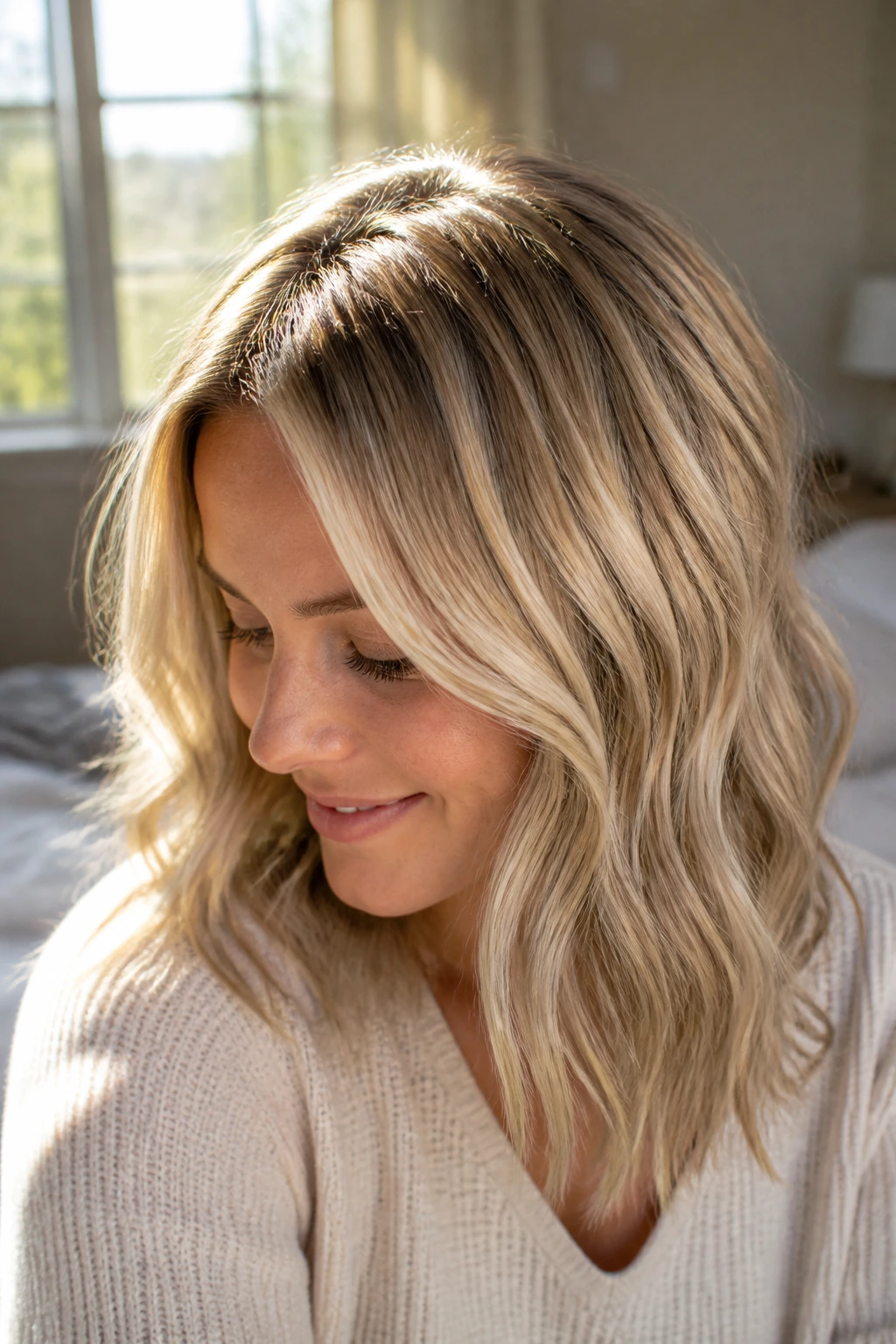 Close-up of a real woman's hair with sunlit microbabylights across the crown