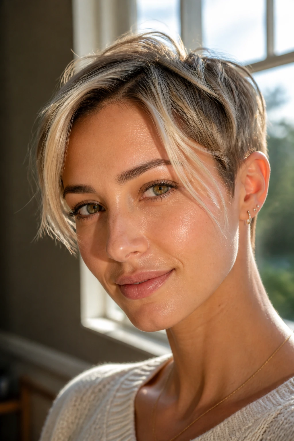 Close-up of a real woman with sunlit money-piece crop and face-framing highlights