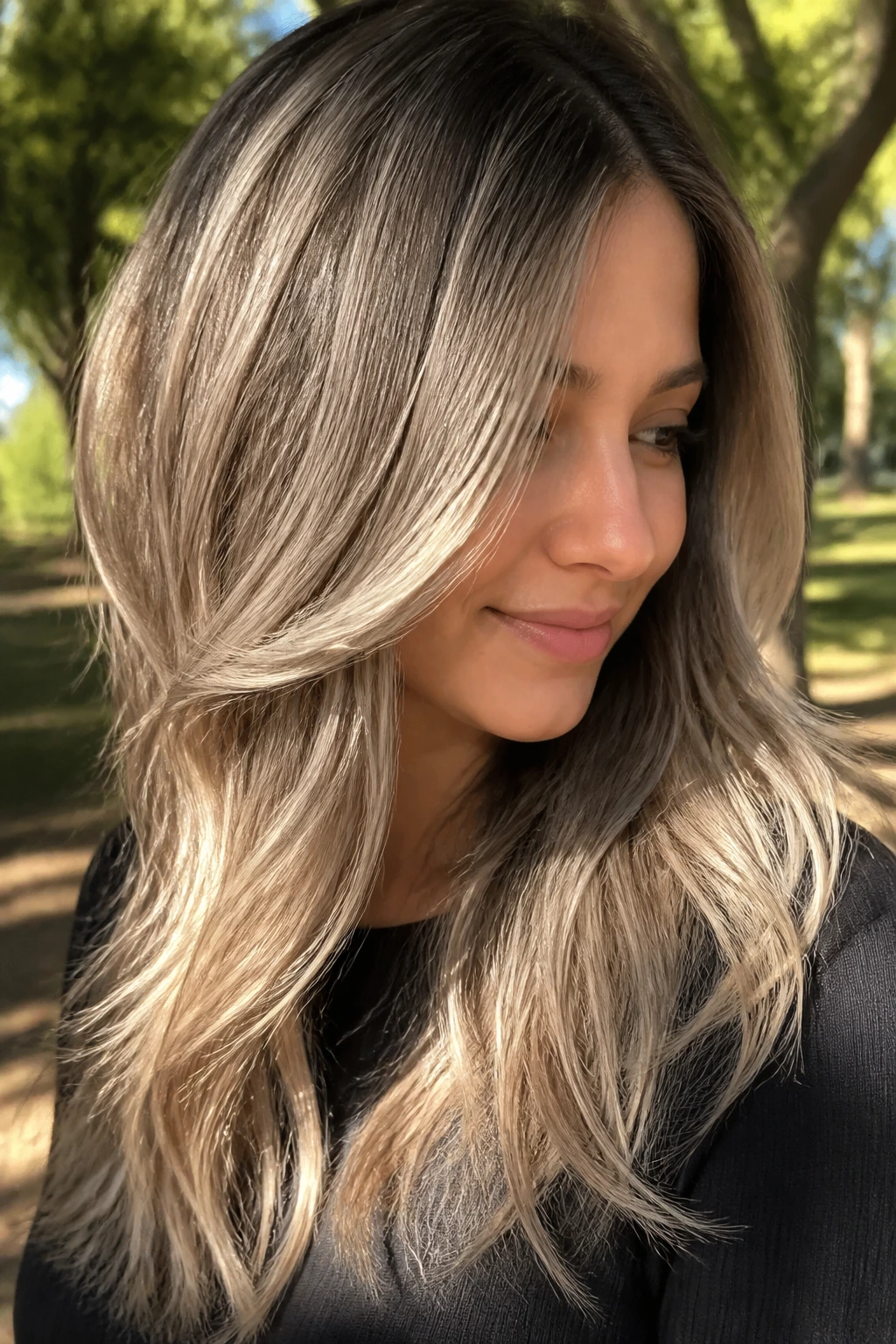 Close-up portrait of a real woman with sunlit mushroom blonde and brighter midlengths outdoors