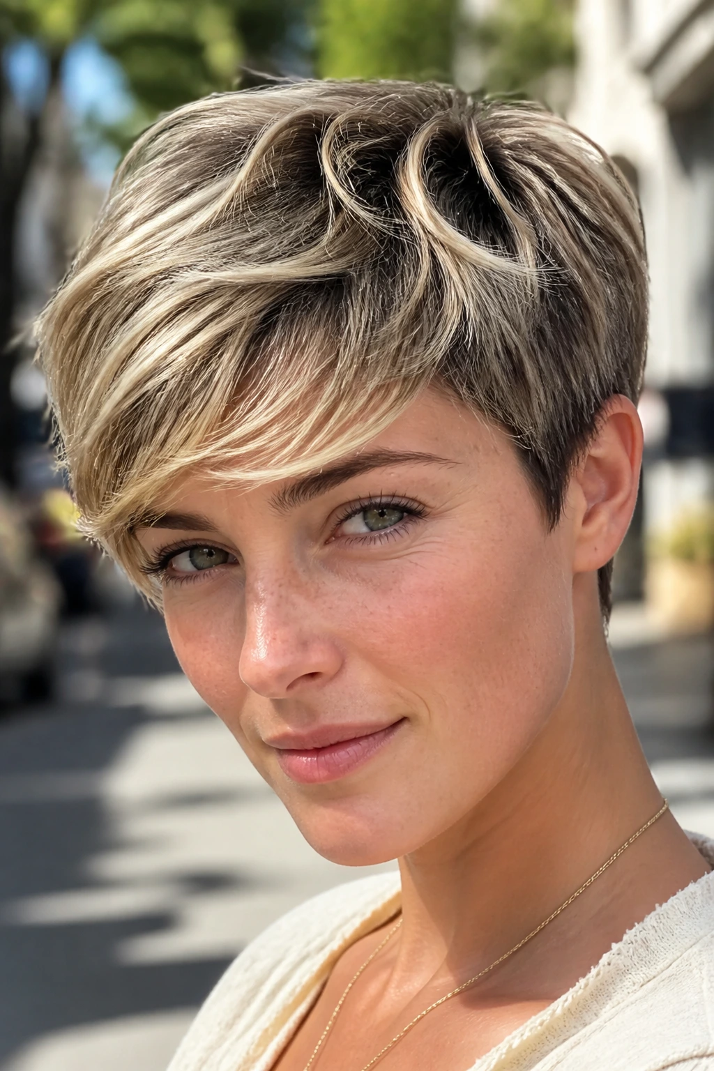 Close-up of sunlit pixie balayage on a real person