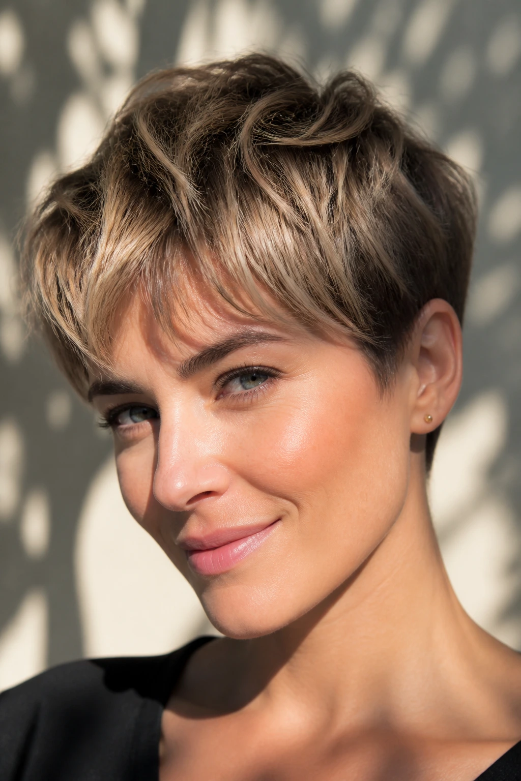 Close-up of pixie cut with sunlit highlights on crown and fringe