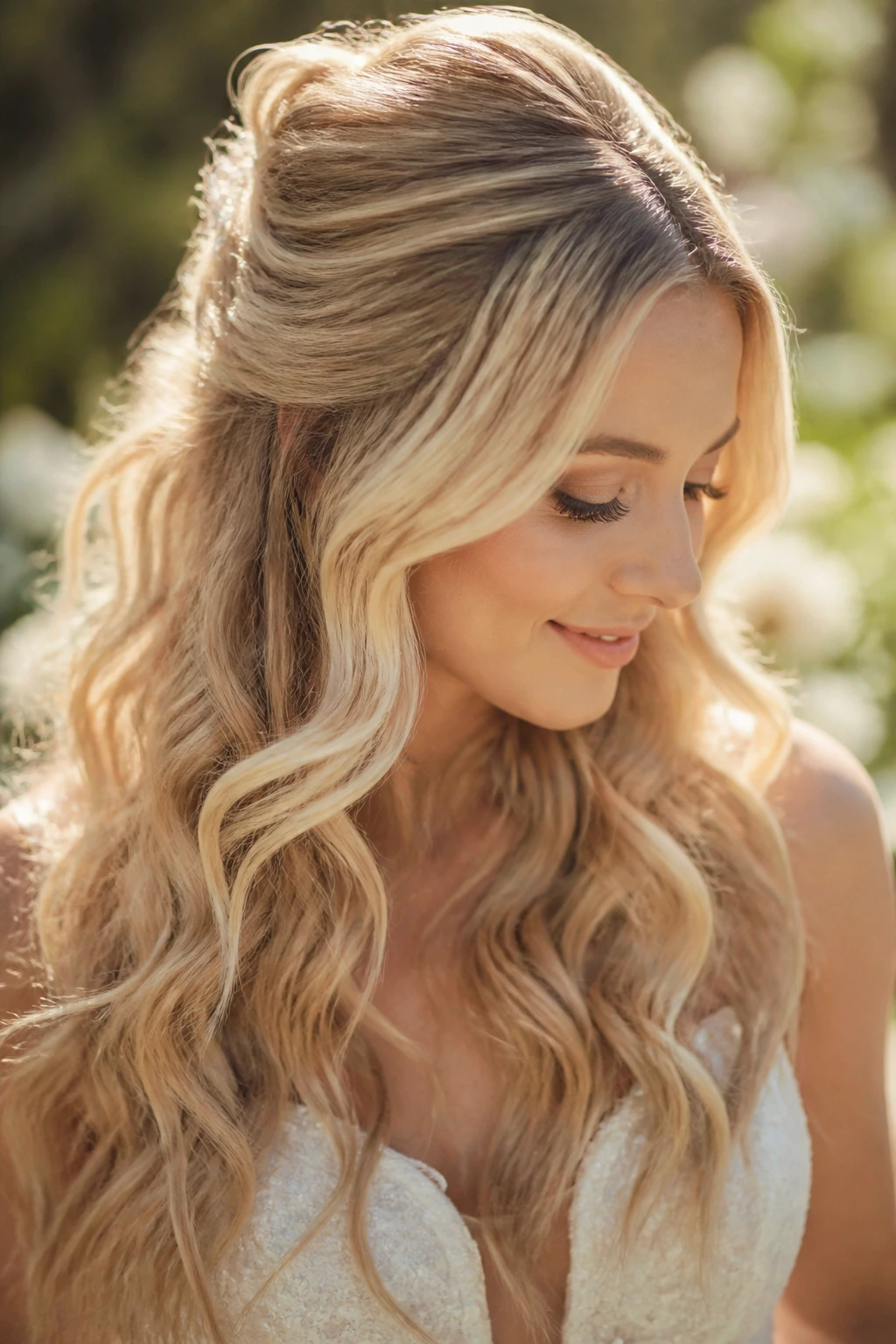 Bride with sunlit ribbon blonde in loose curls against a sunny garden backdrop