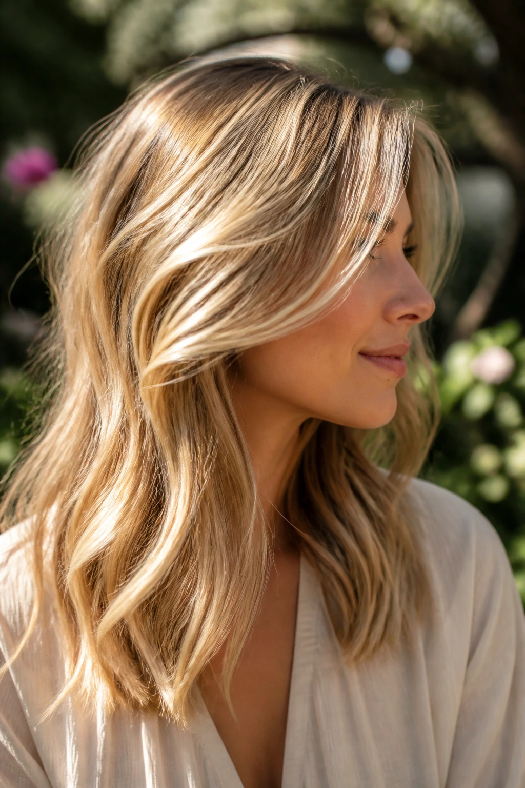Portrait of a woman with sunlit ribbon highlights in layered hair