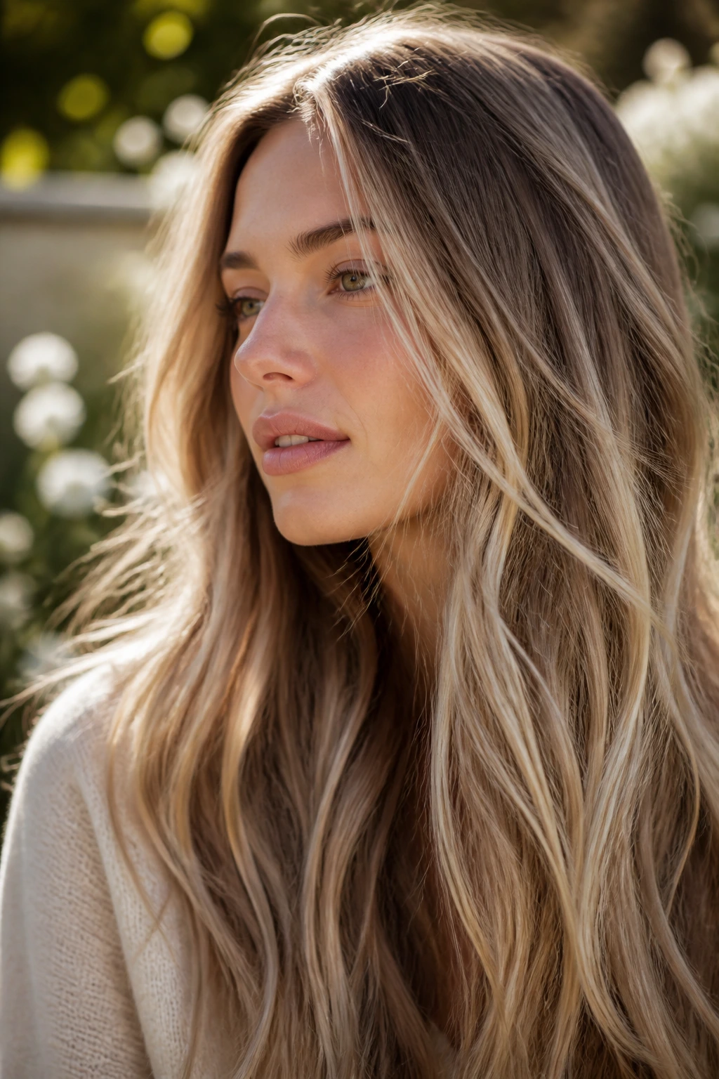 Portrait of hair with sunlit ribbon highlights in long hair.