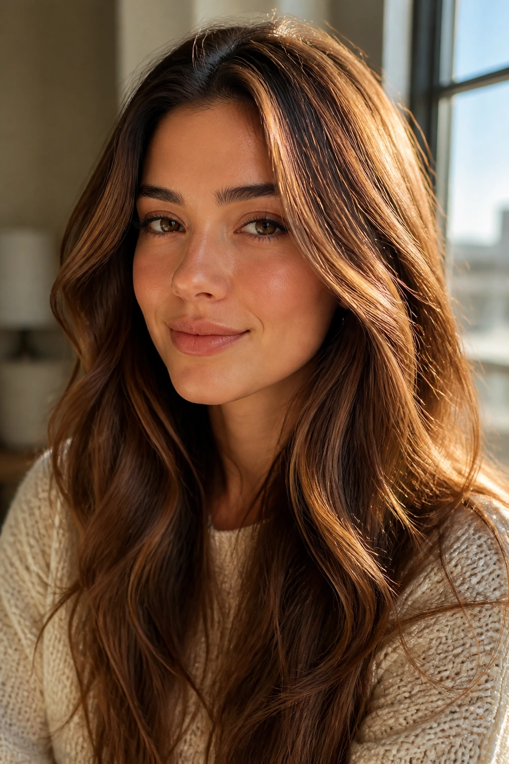 Close-up of real person with sunlit sepia brown hair catching indirect sunlight.