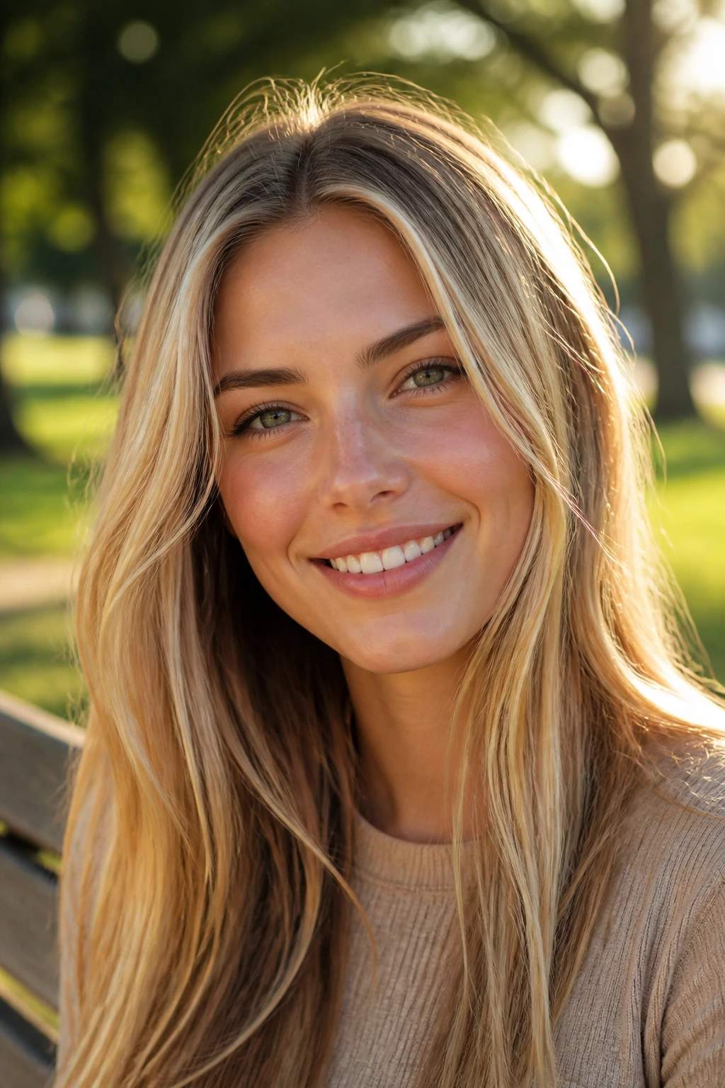 Close-up portrait of a real woman with sunlit teasylights in hair and warm natural light.