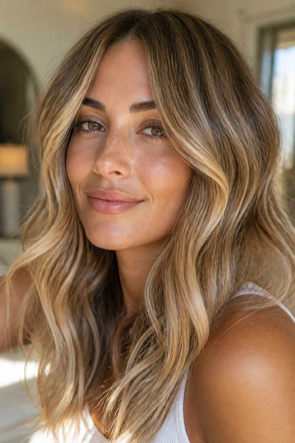Close-up of olive-skinned woman with sunlit wheat blonde hair in warm natural light