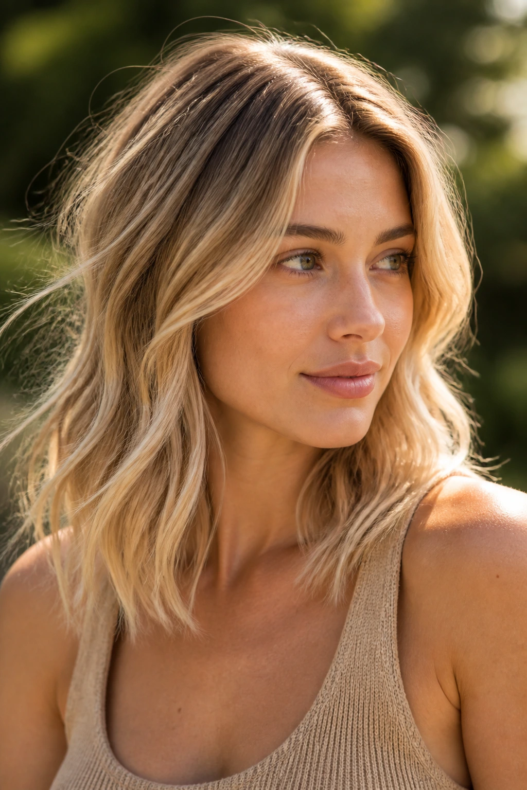 Real woman with sunlit wheat blonde waves in natural outdoor light