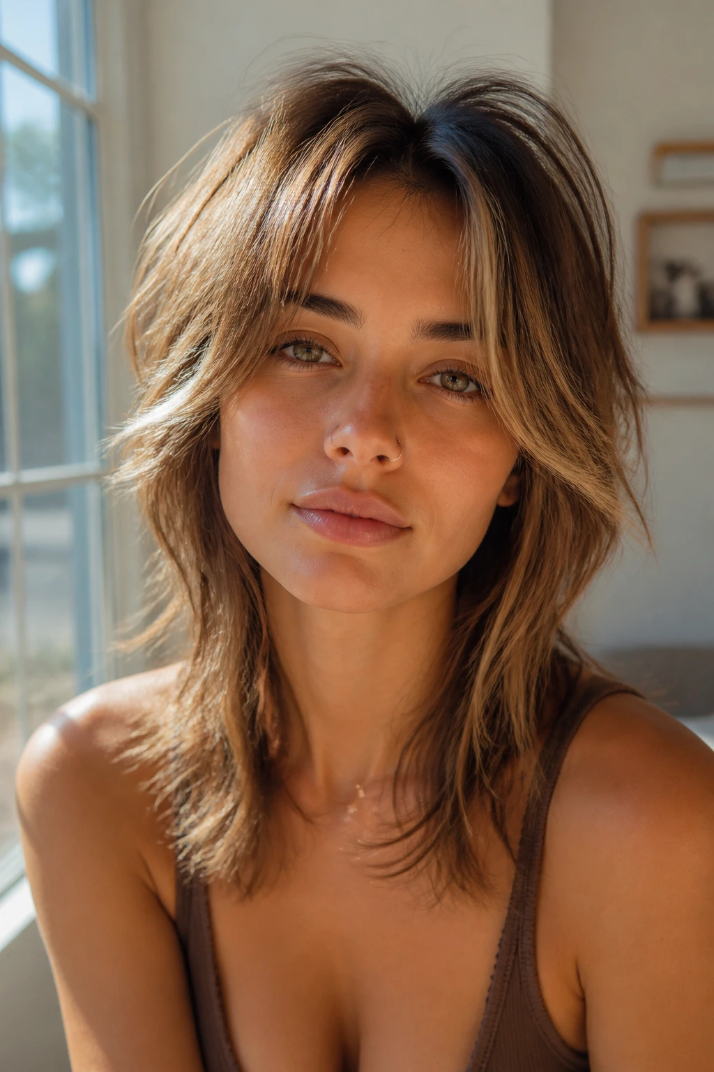 Close-up of a person with sunlit face-framing wolf cut highlighting temples and cheekbones.