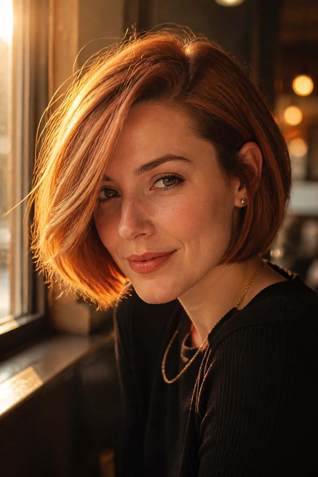 Portrait of a real woman with sunset auburn side-part bob in golden hour lighting.