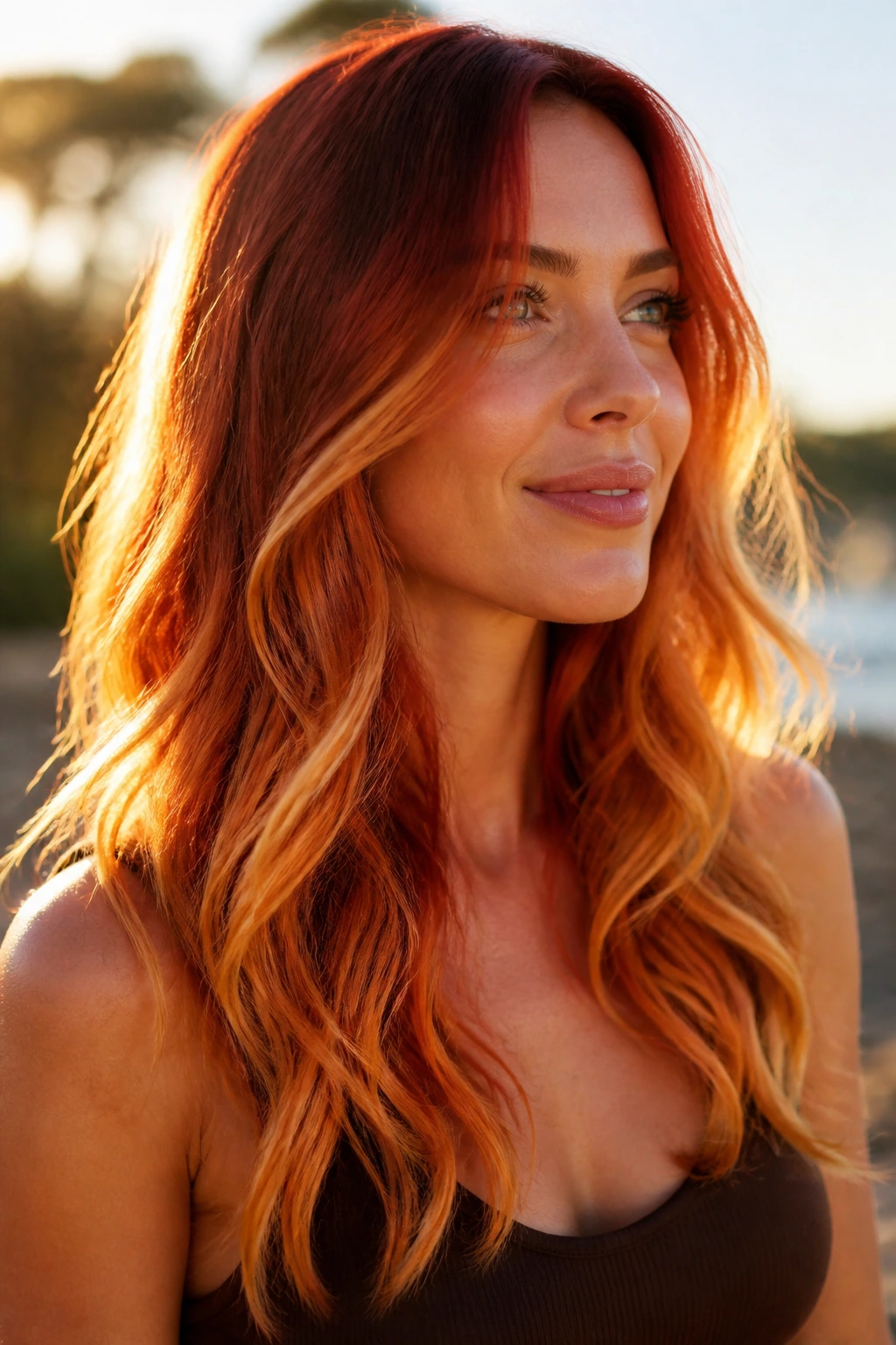 Close-up of a real person with sunset balayage on long layers in a sunny outdoor setting