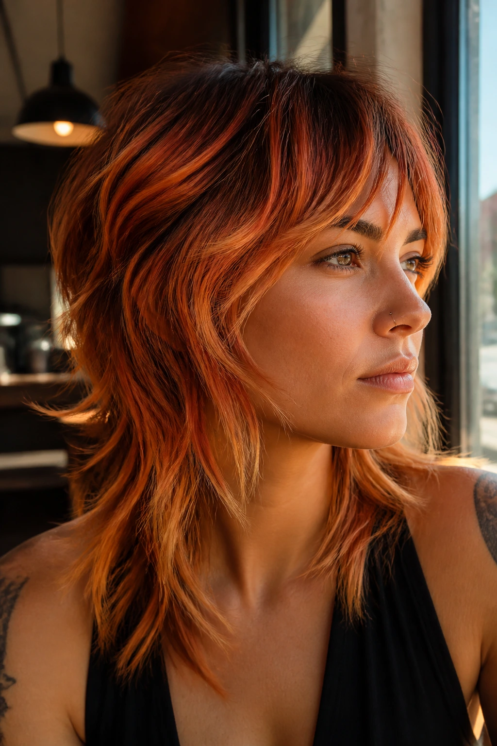 Close-up portrait of a real woman with sunset balayage mullet in copper and gold tones