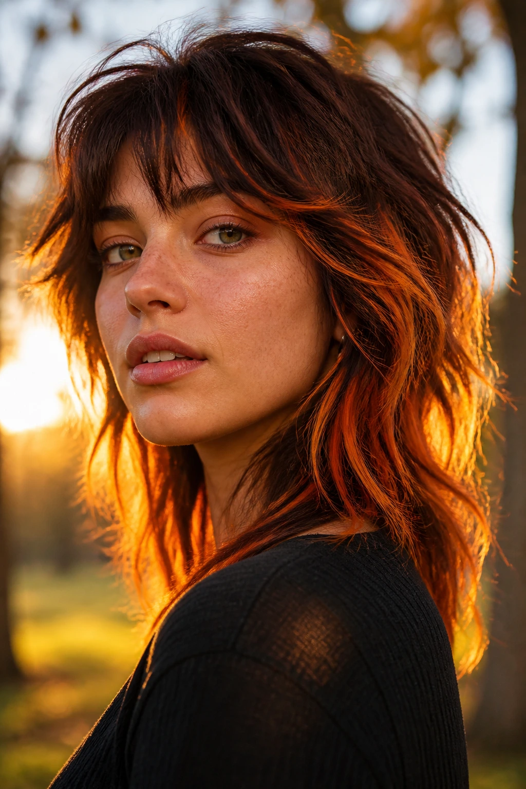 Close-up of real person with tousled wolf cut and sunset copper gold highlights
