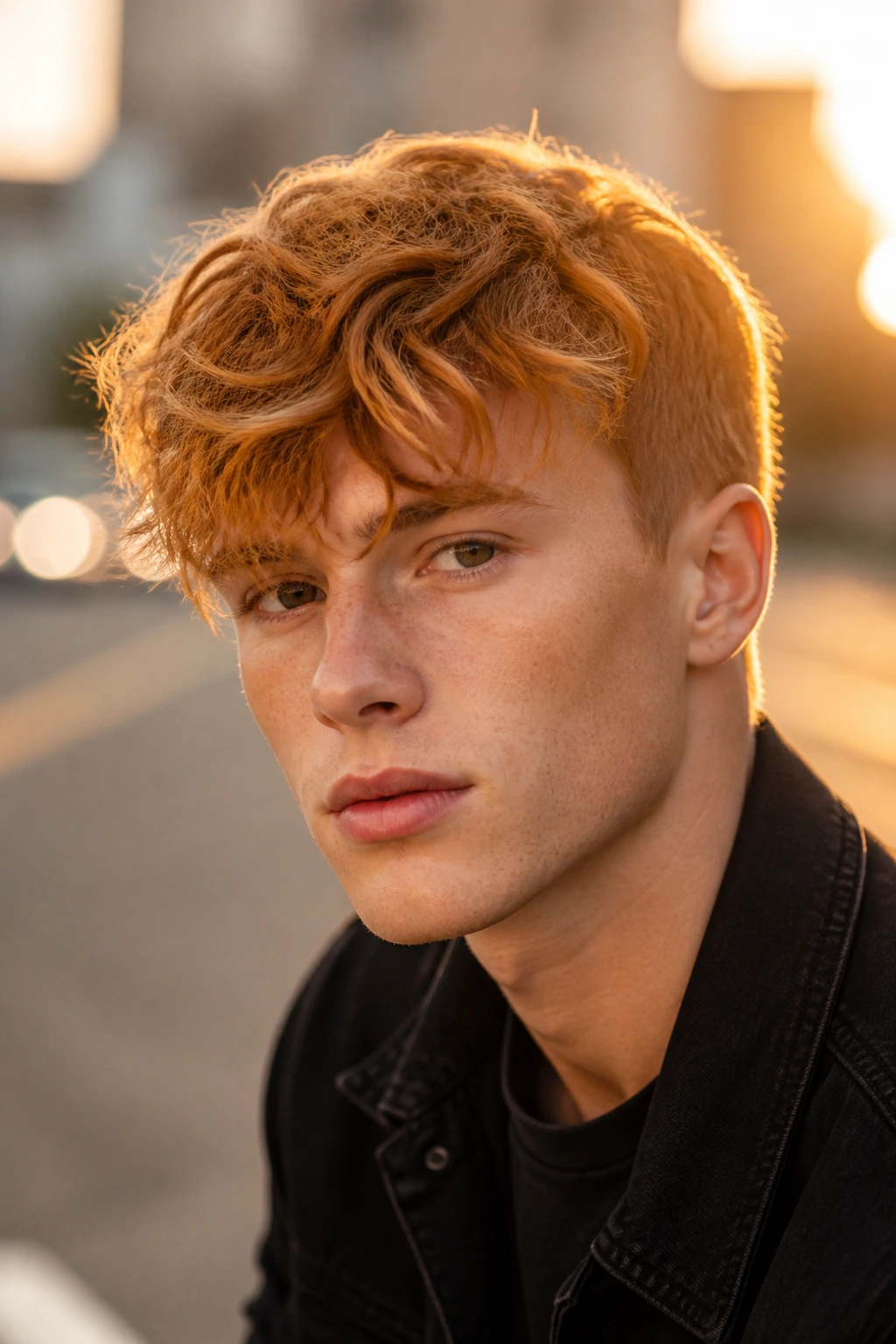 Close-up of a real man with sunset fringe, red-to-gold color
