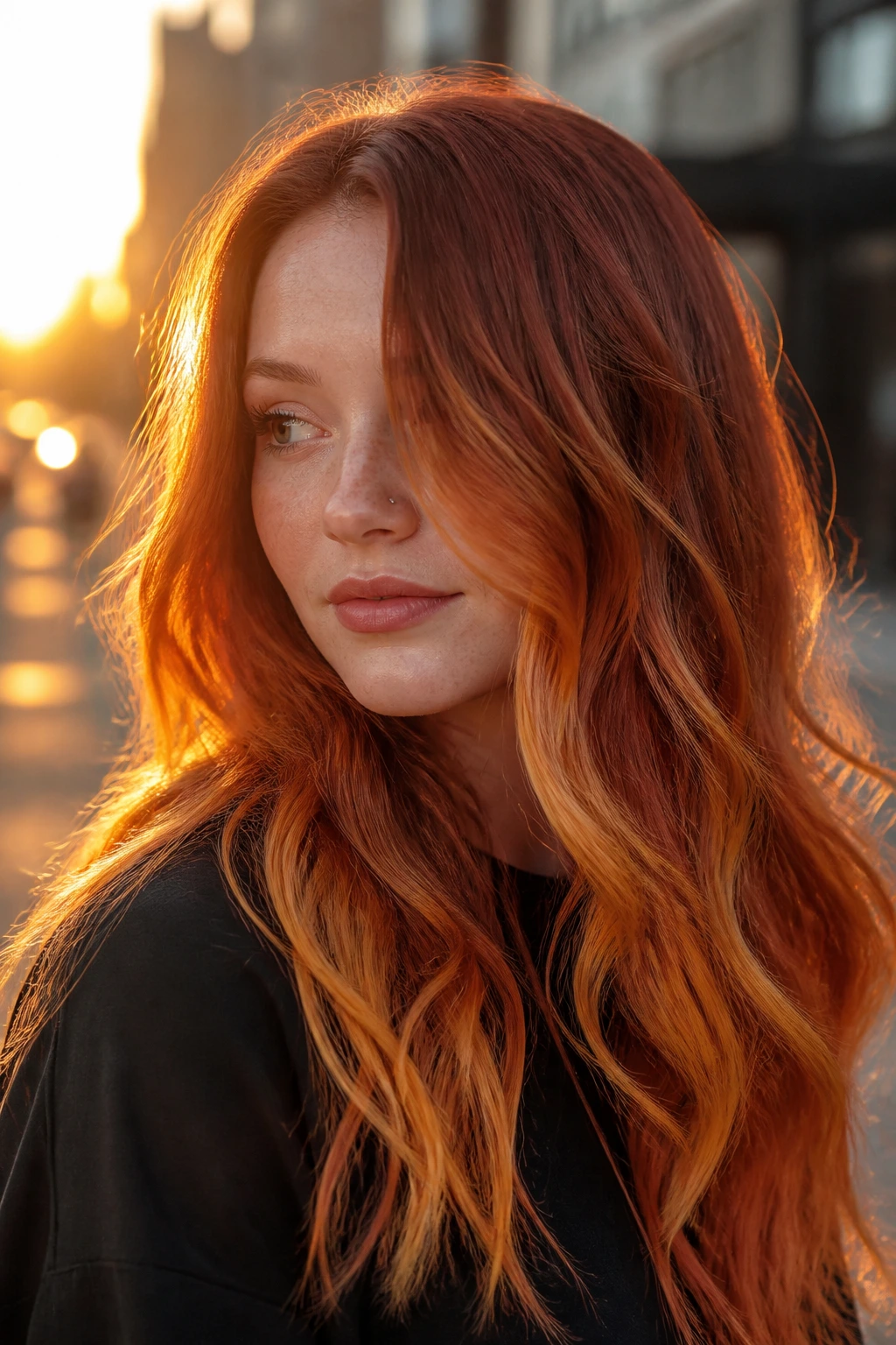 Close-up of a person with sunset melt hair under golden hour light