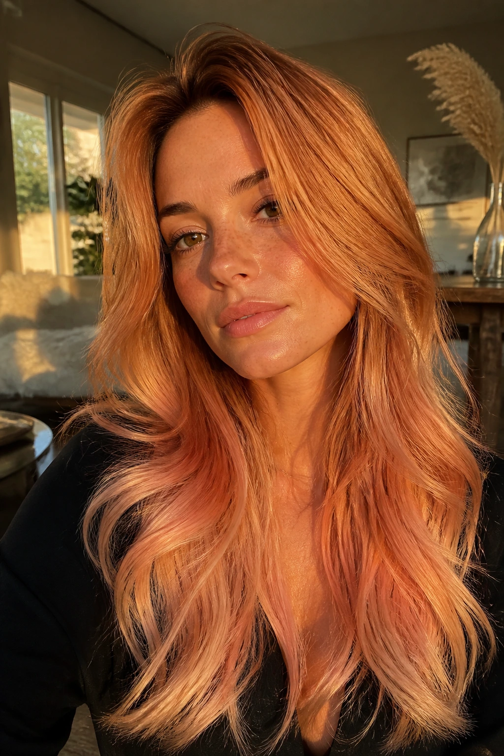 Close-up portrait of a real woman with long sunset melt strawberry blonde hair