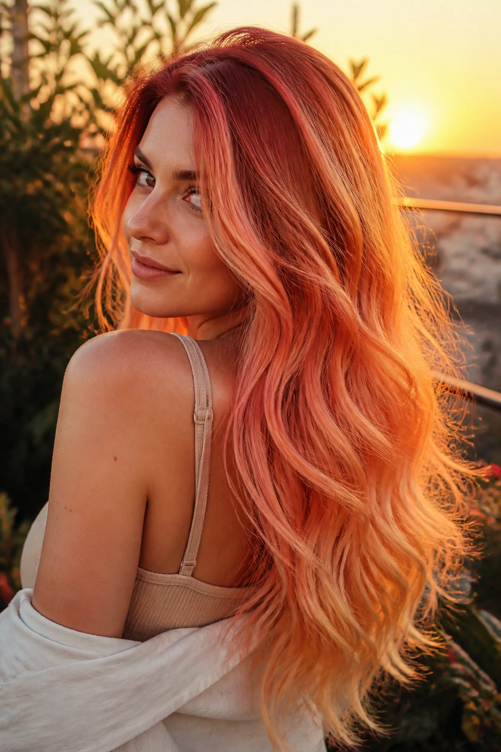 Three-quarter portrait of a real woman with peach coral and gold mermaid hair