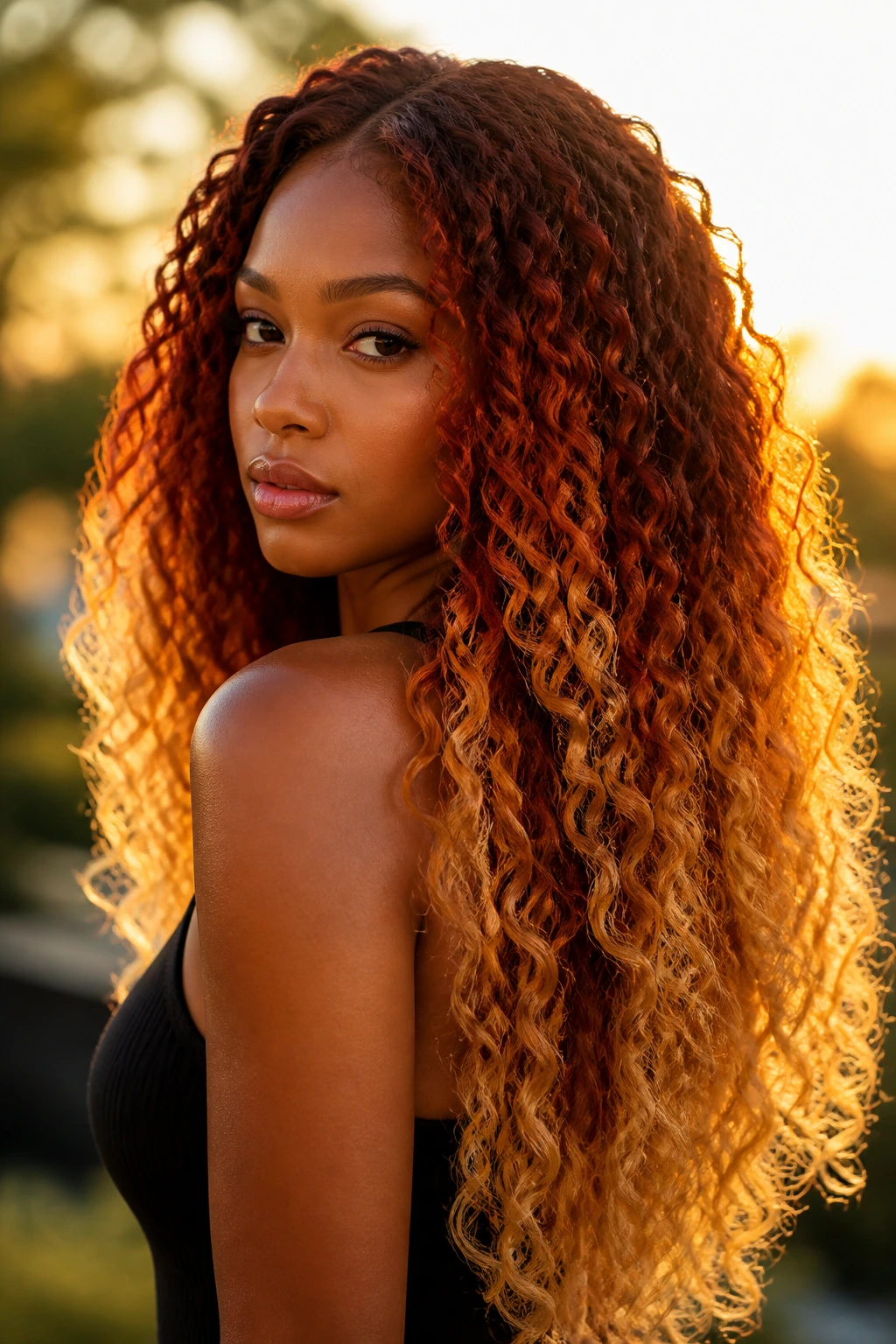 Close-up of long natural hair with auburn to gold ombre