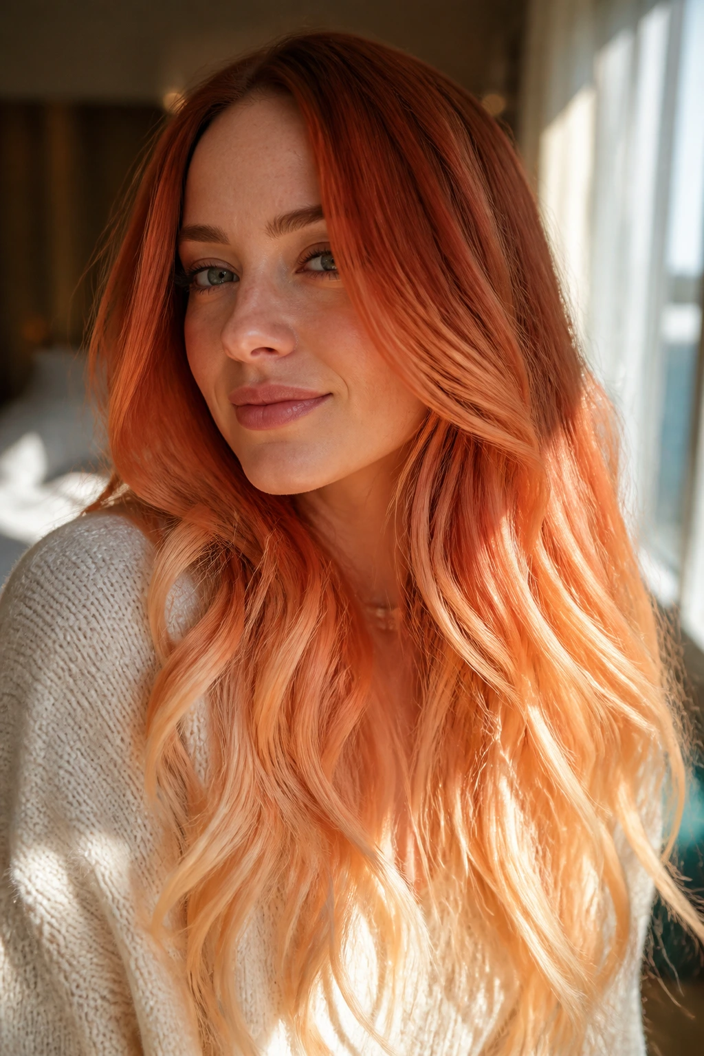 Close-up of sunset ombre hair with copper peach and gold tones on a real person