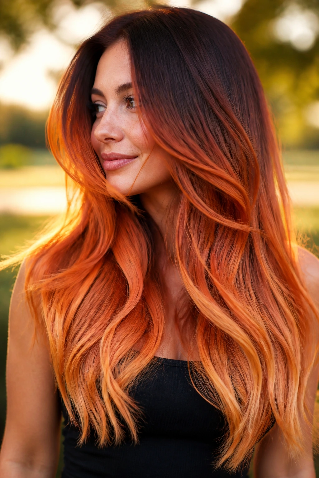 Close-up of long layered hair with sunset ginger ombré from root to ends