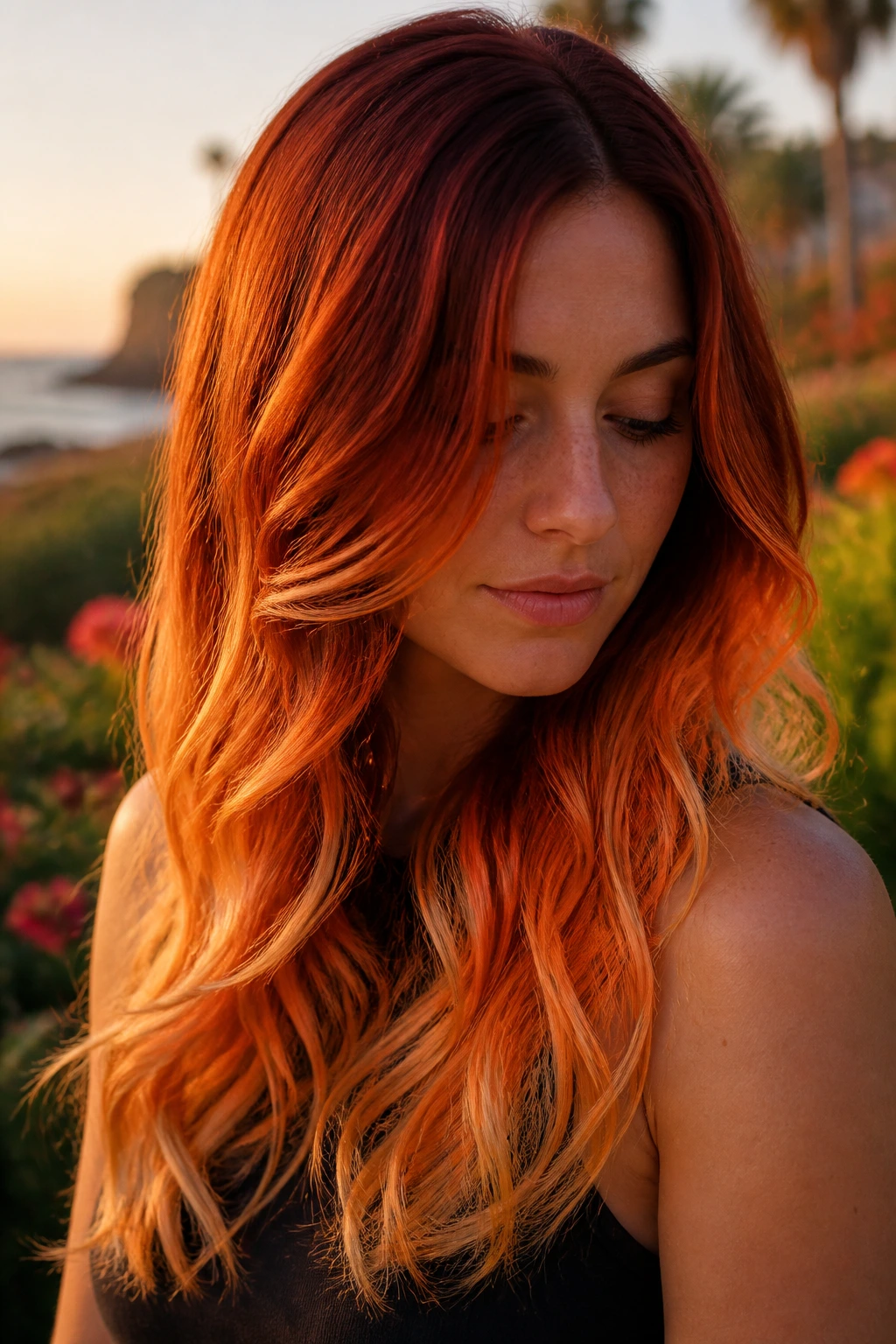 Long-haired woman with sunset ombre gradient from auburn roots to orange-gold ends, soft waves.