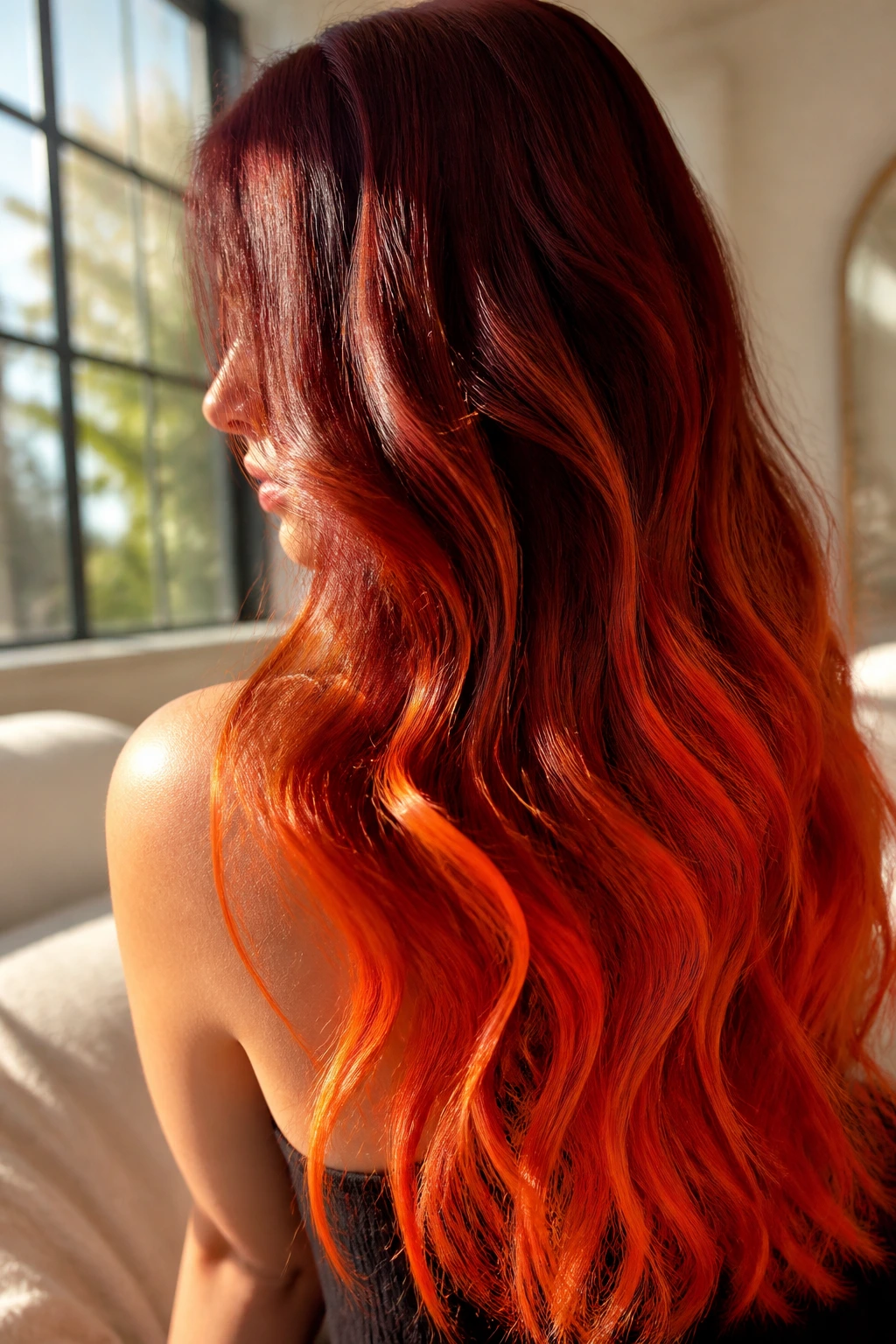 Close-up of Sunset Red Ombre hair on a real person with dark roots fading to red-orange