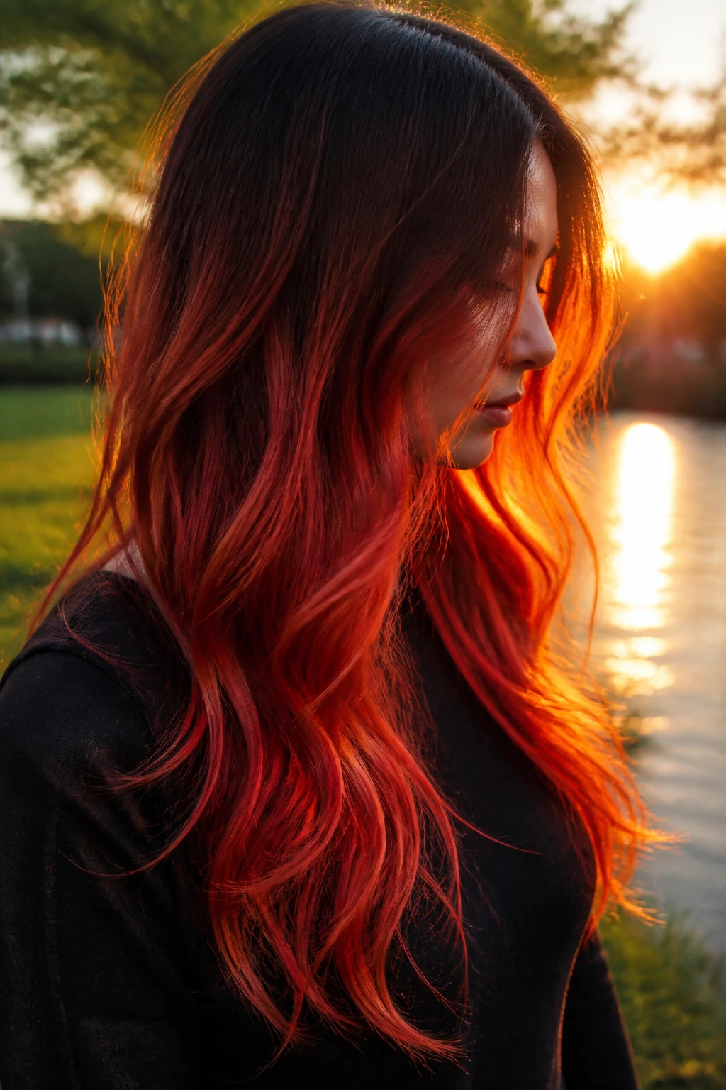 Side profile of long sunset red ombre hair in golden hour light