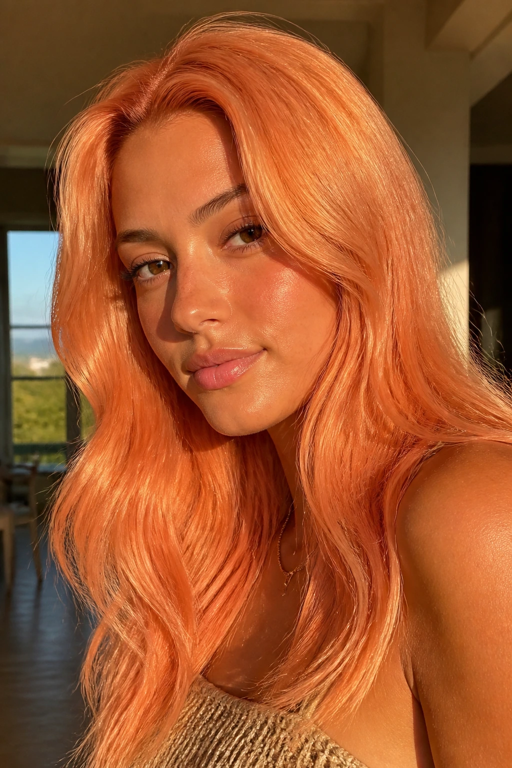 Close-up portrait of sunset peach blonde on a real woman with tan skin
