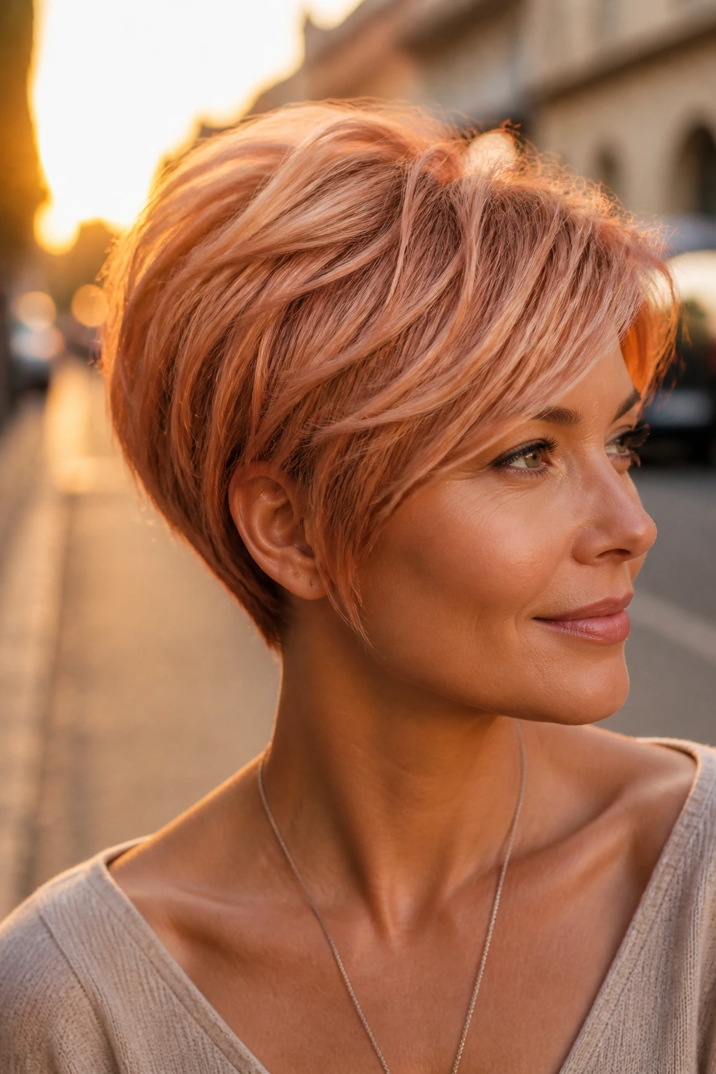 Real woman with sunset rose gold pixie bob in golden hour light