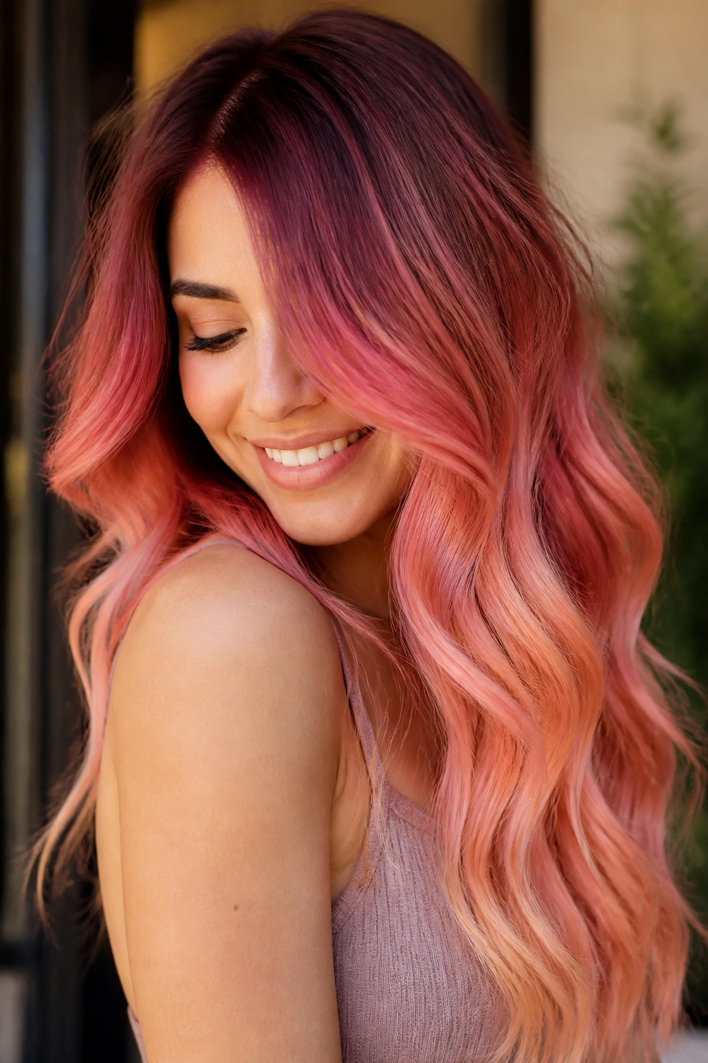 Long hair with sunset rose ombré gradient from root to peachy ends