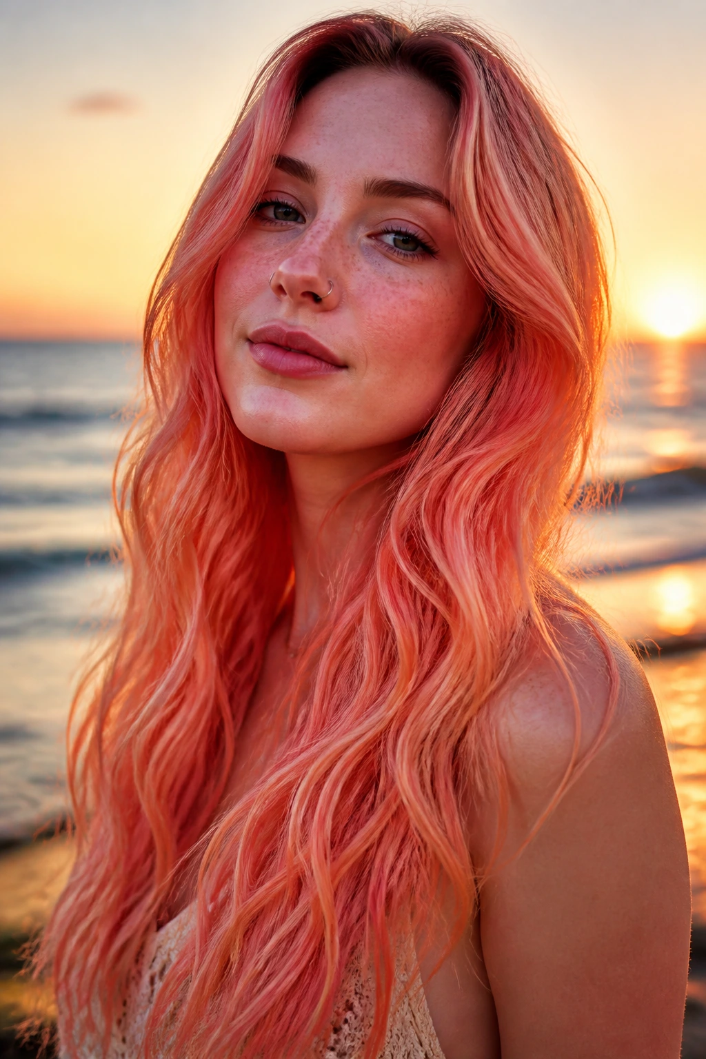 Close-up portrait of a woman with coral sunset waves in long hair during golden hour.