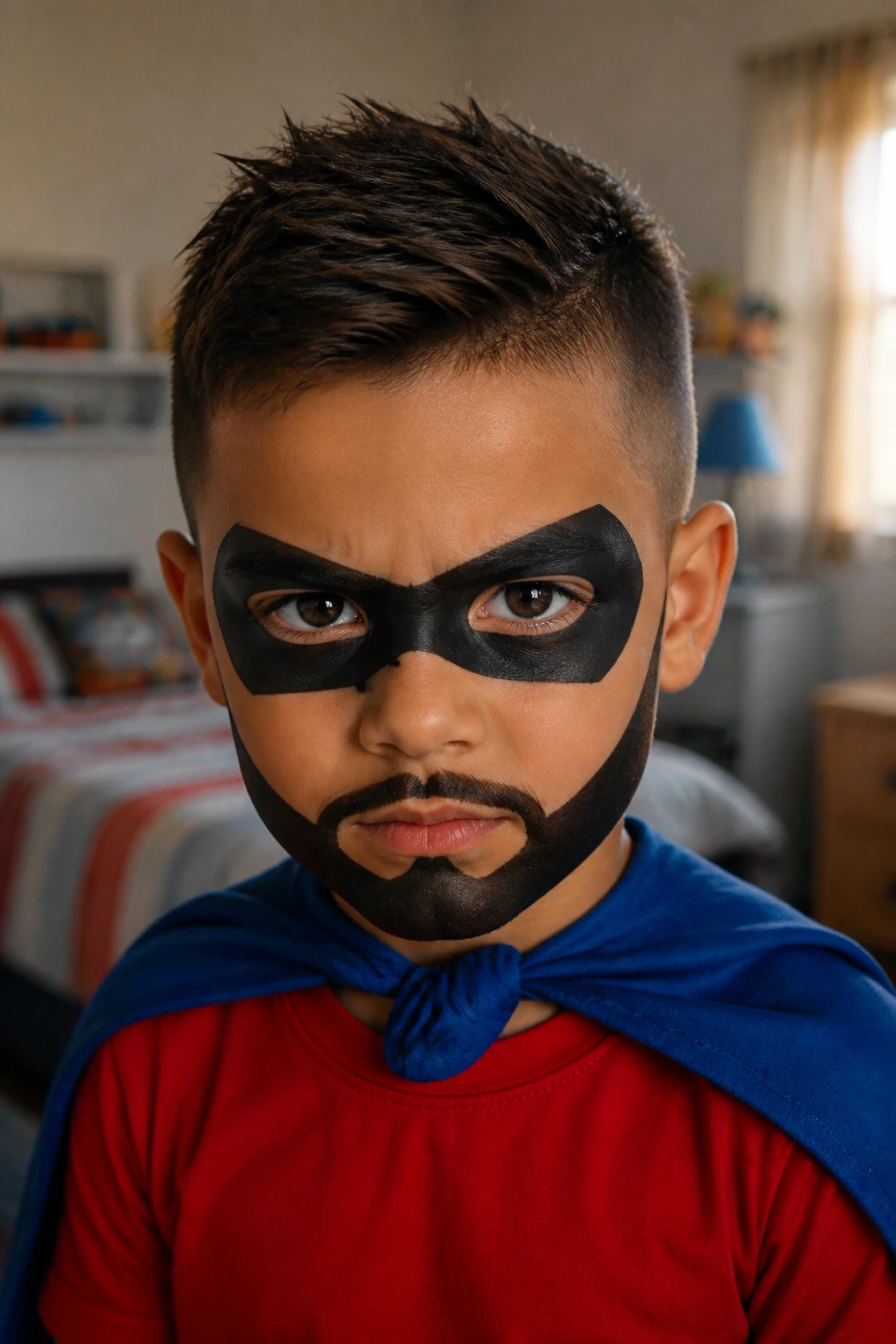 Close-up of a real child with a superhero mask beard and bold eyes
