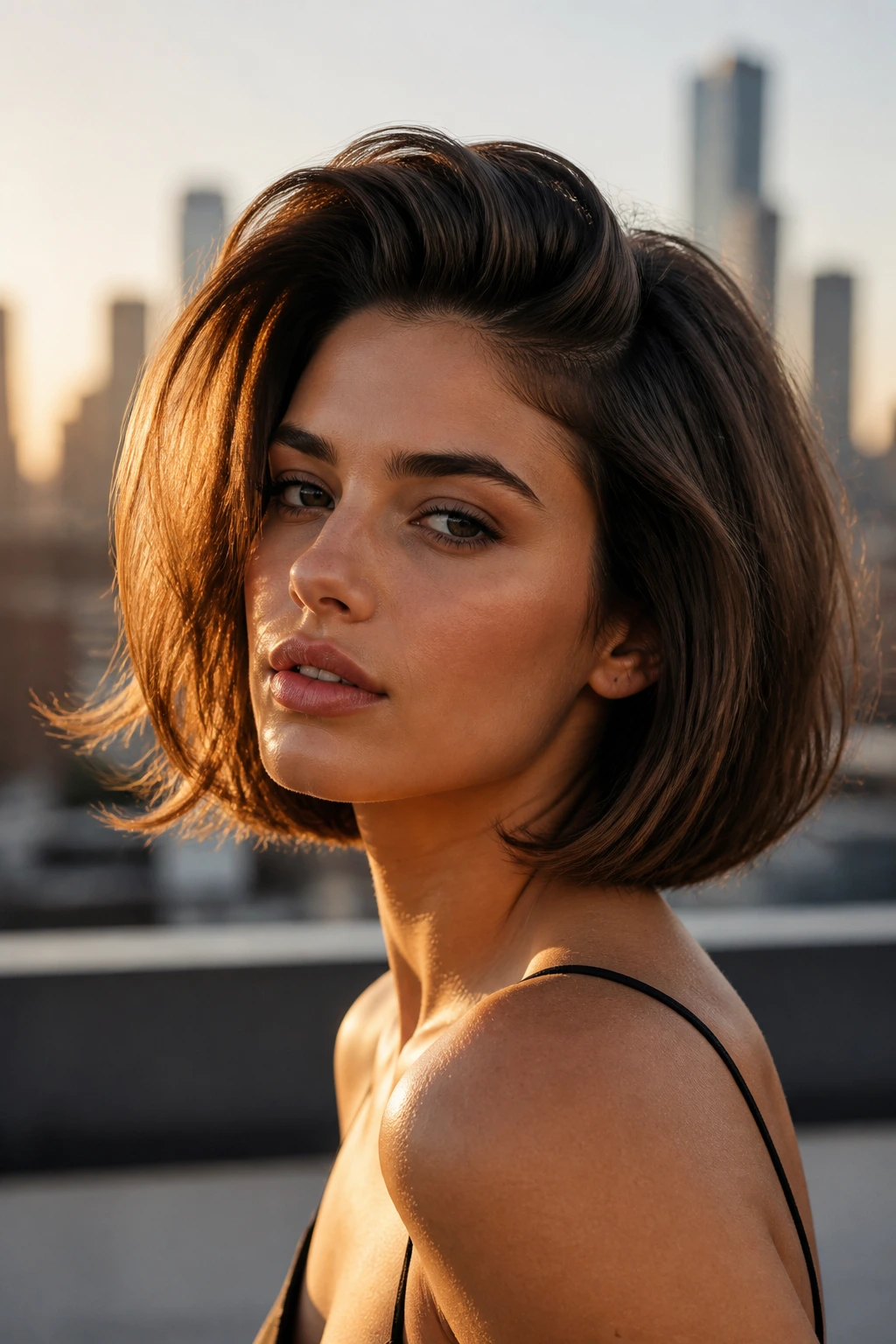 Supermodel blowout bob with crown lift on real person outdoors