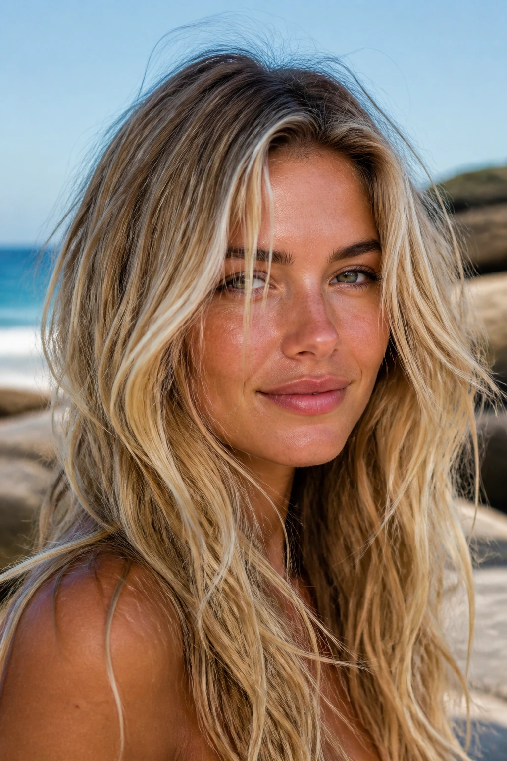 Close-up of a real woman with wind-swept surf blonde hair