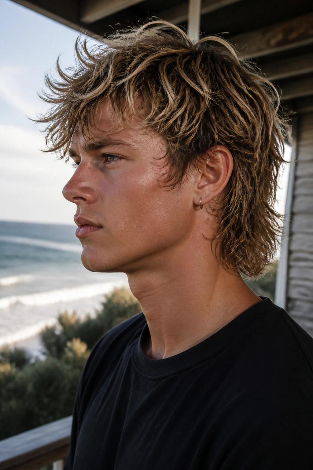 Close-up portrait of a real person with surf-textured mullet on a windy seaside porch.