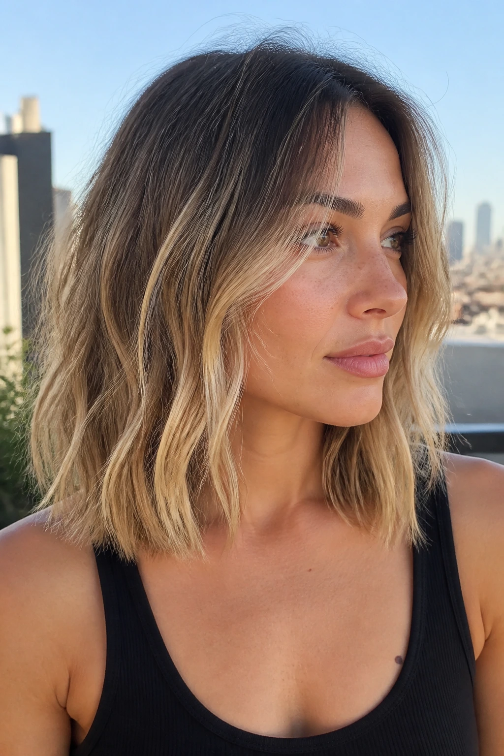 Close-up of shoulder-length hair with natural root fading to surfer blonde in an outdoor sunlit setting