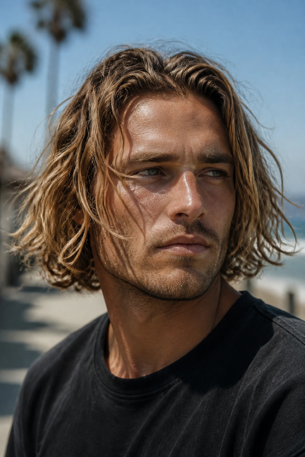 Man with a wind-tousled surfer bob on a seaside boardwalk