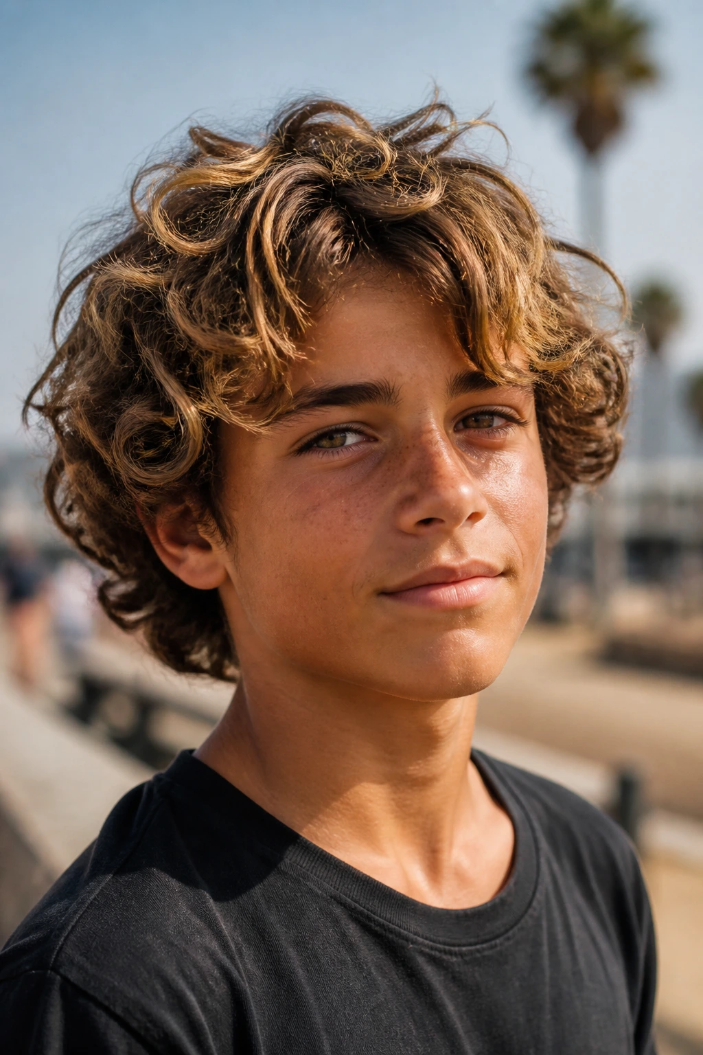 Close-up of a real boy with long layered surfer curls outdoors in sunlight