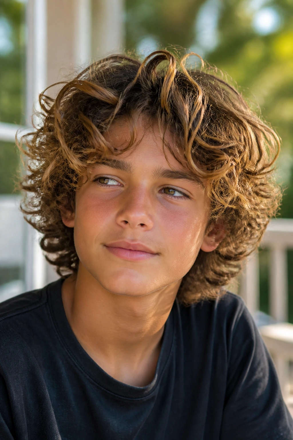 Close-up portrait of a boy with surfer curls in natural light