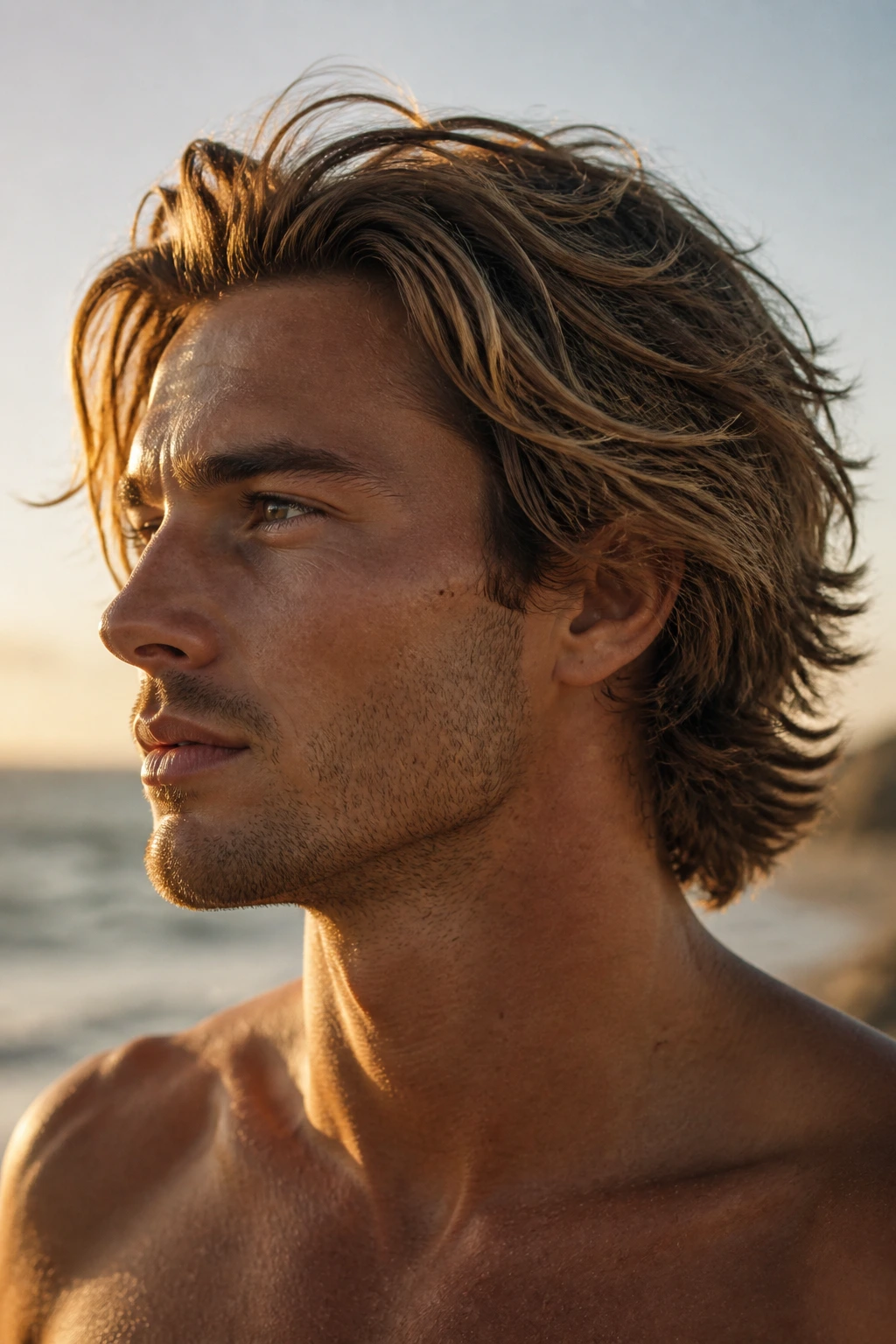 Close-up of a man with wind-swept surfer cut at the beach